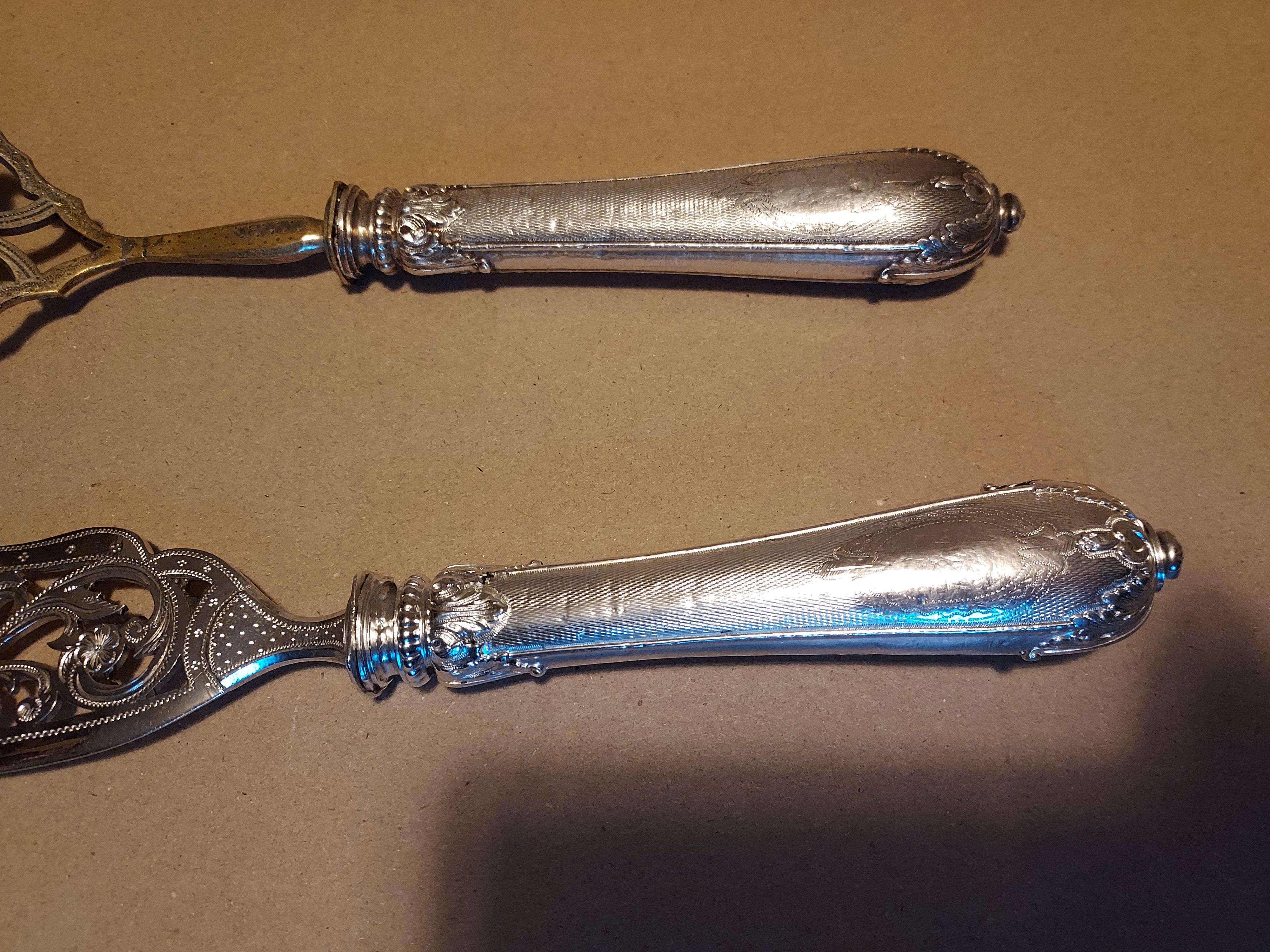 European Silver Serving Fish Knife and Fork with rare engine turned handle For Sale