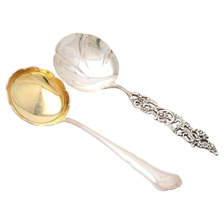 Silver Serving Spoon Antique Pair of Decorative Sterling Silver Gilded Spoon For Sale