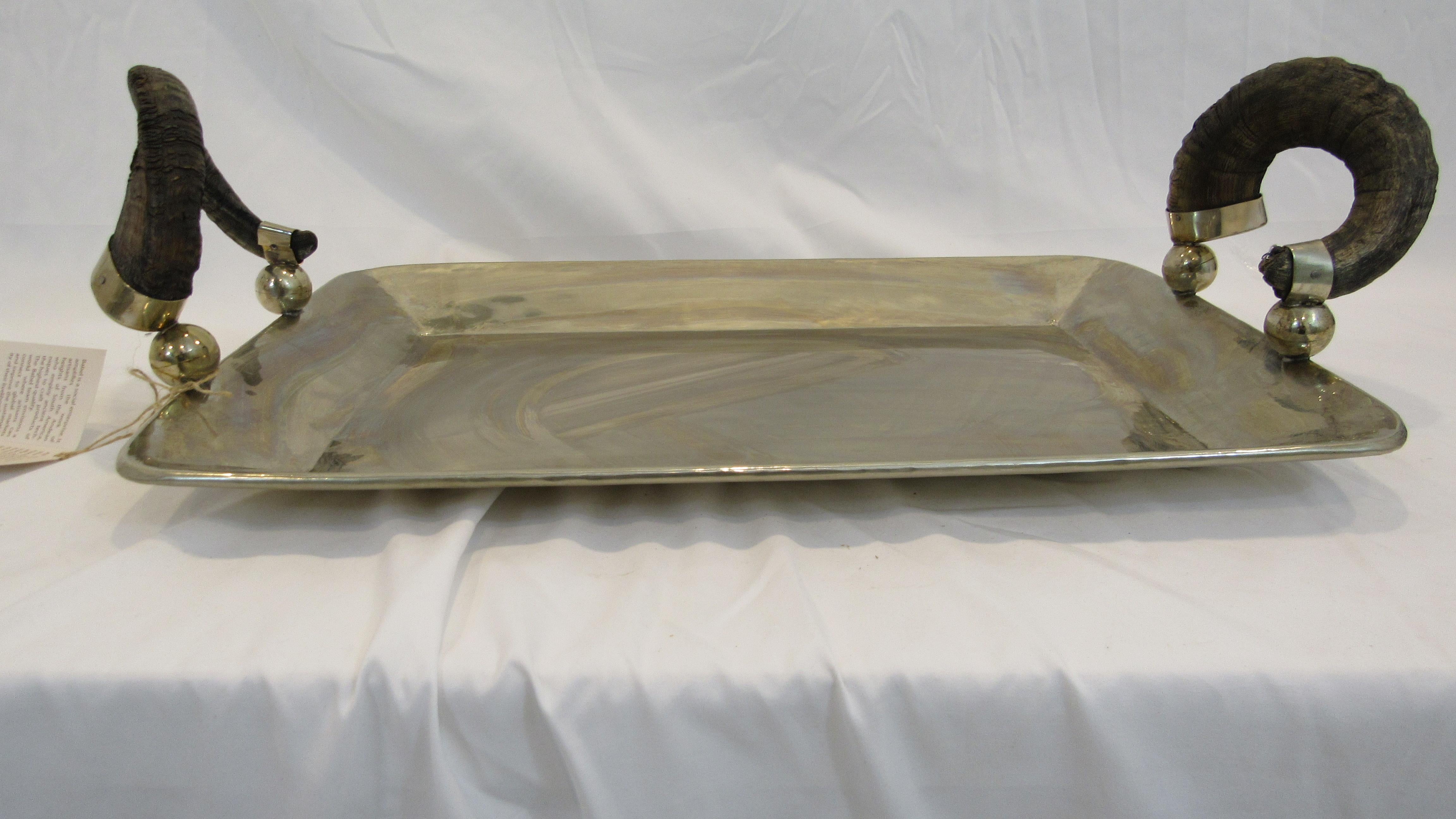 Silver Serving Tray with Rams Horn Handles by Babel from Argentina In Excellent Condition For Sale In Miami, FL