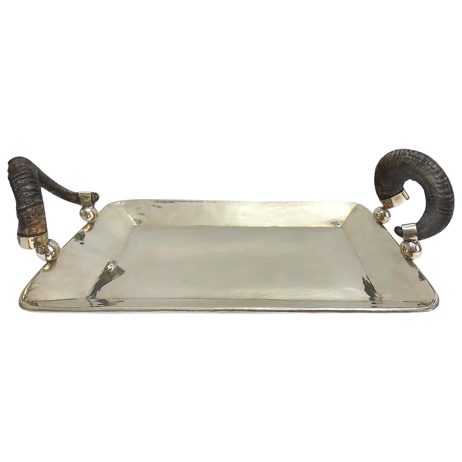 Silver Serving Tray with Rams Horn Handles