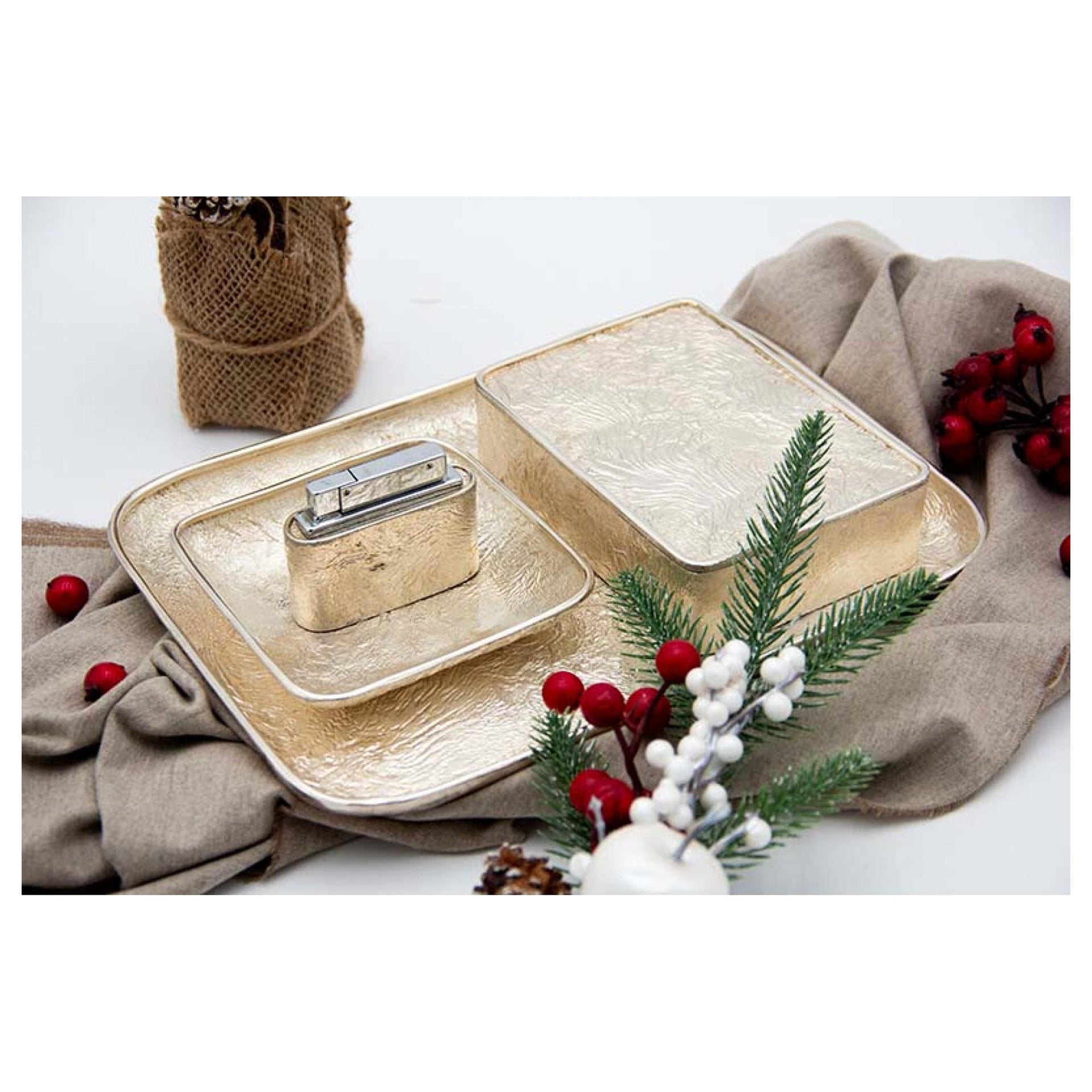 Silver set comprising a saucer, tray, lighter and embossed tobacco box