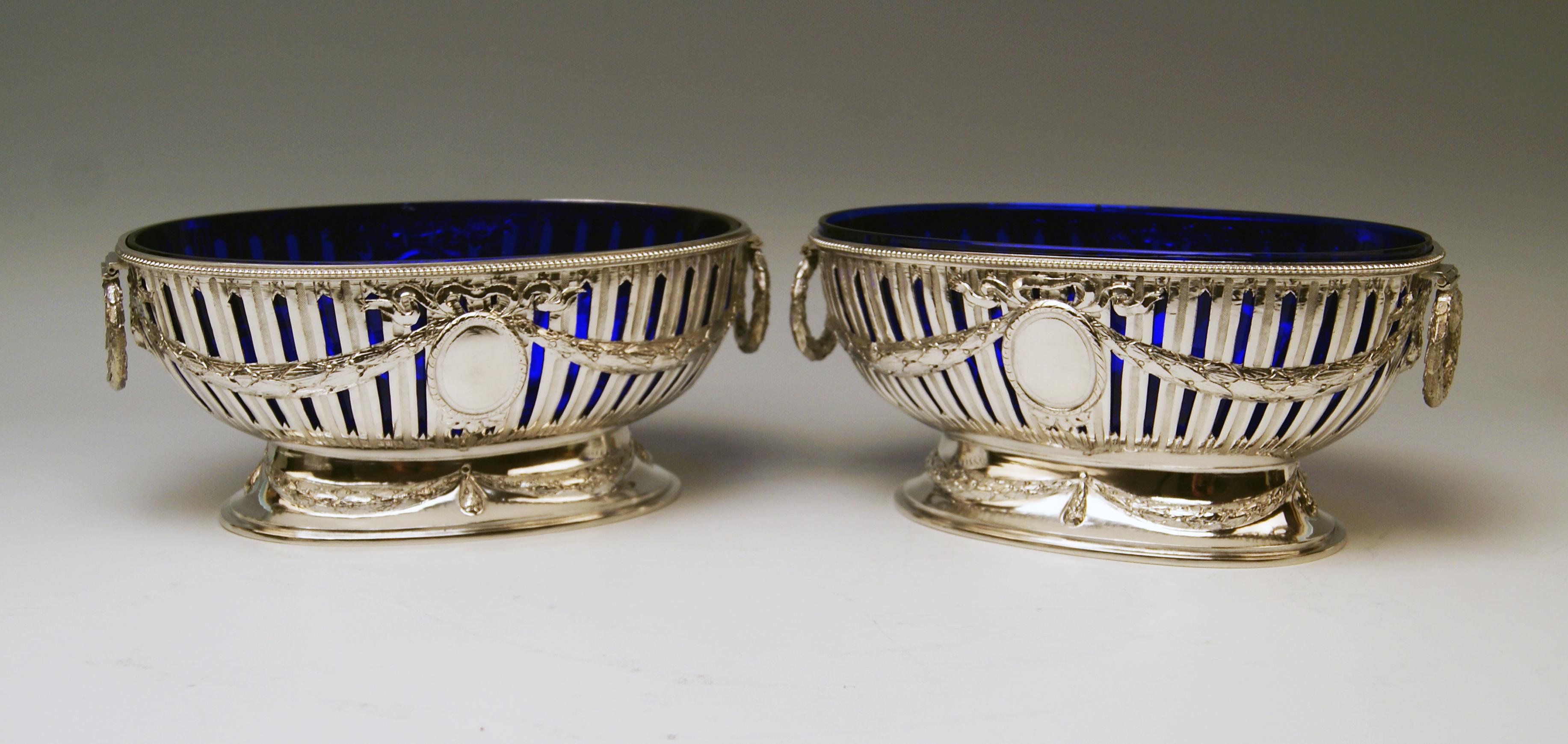 Silver Set Three Bowls Cobalt Blue Glass Liners Master Bubeniczek Vienna ca.1900 For Sale 1