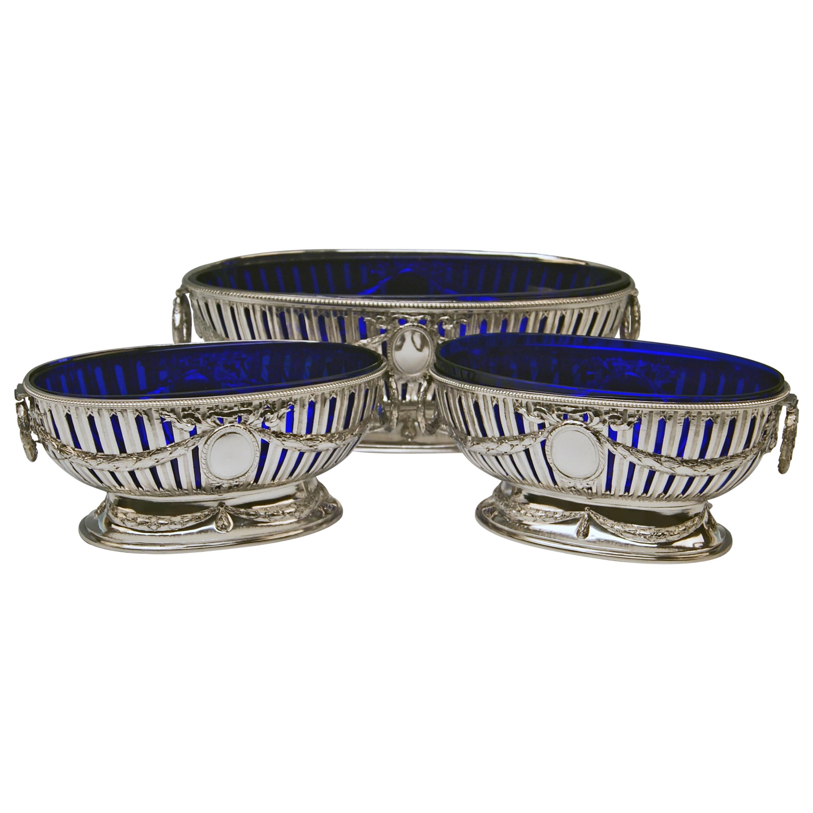 Silver Set Three Bowls Cobalt Blue Glass Liners Master Bubeniczek Vienna ca.1900 For Sale