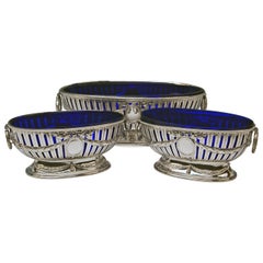 Antique Silver Set Three Bowls Cobalt Blue Glass Liners Master Bubeniczek Vienna ca.1900