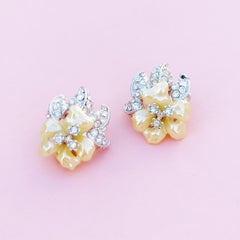 Silver & Simulated Pearl Flower Crystal Pavé Earrings by Nolan Miller, 1990s