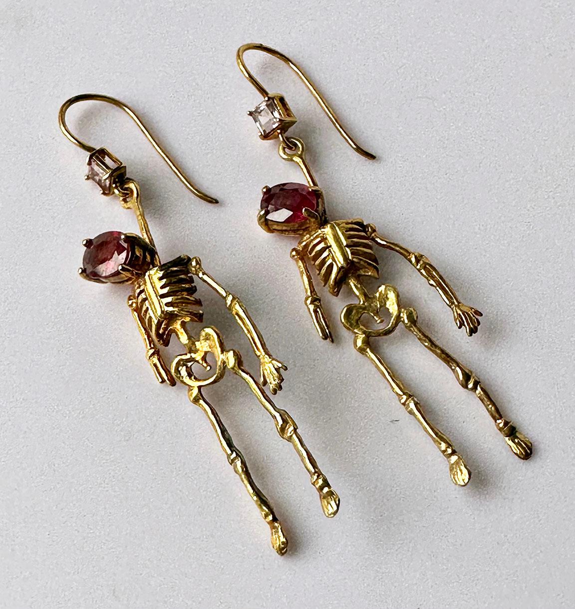 Silver Skeleton Earrings set with Ruby and Tourmaline For Sale 3