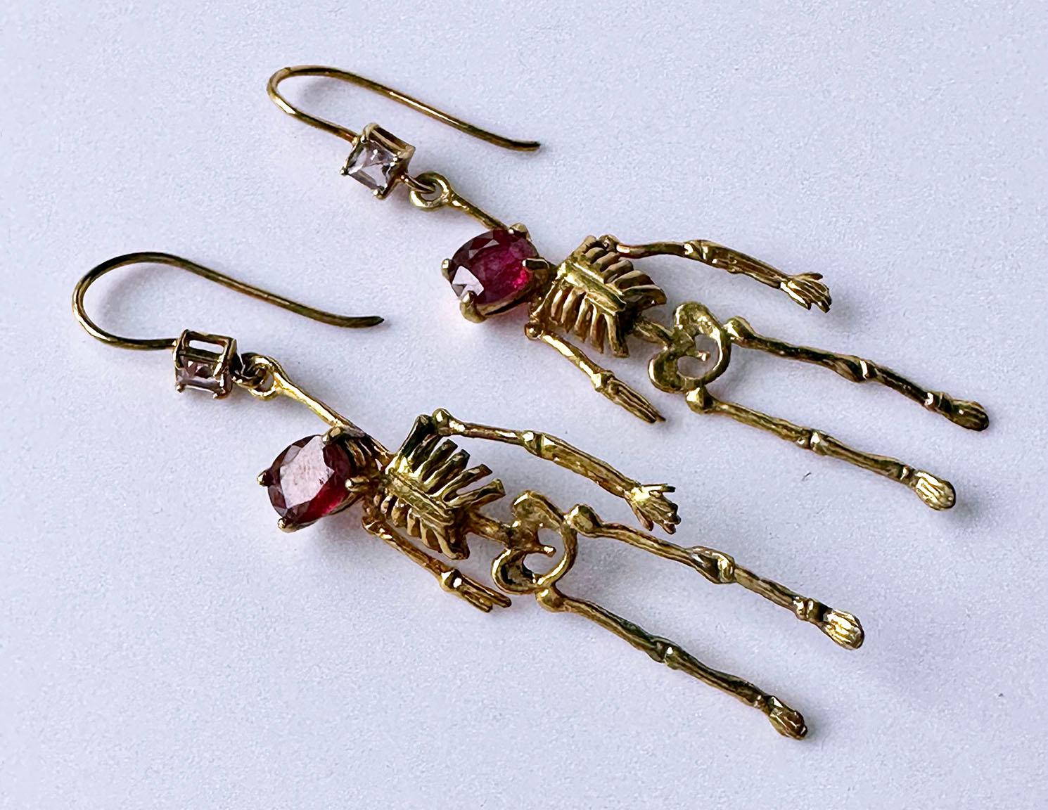 Silver Skeleton Earrings set with Ruby and Tourmaline For Sale 4