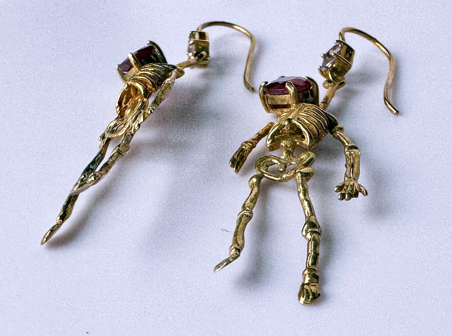 Silver Skeleton Earrings set with Ruby and Tourmaline For Sale 6