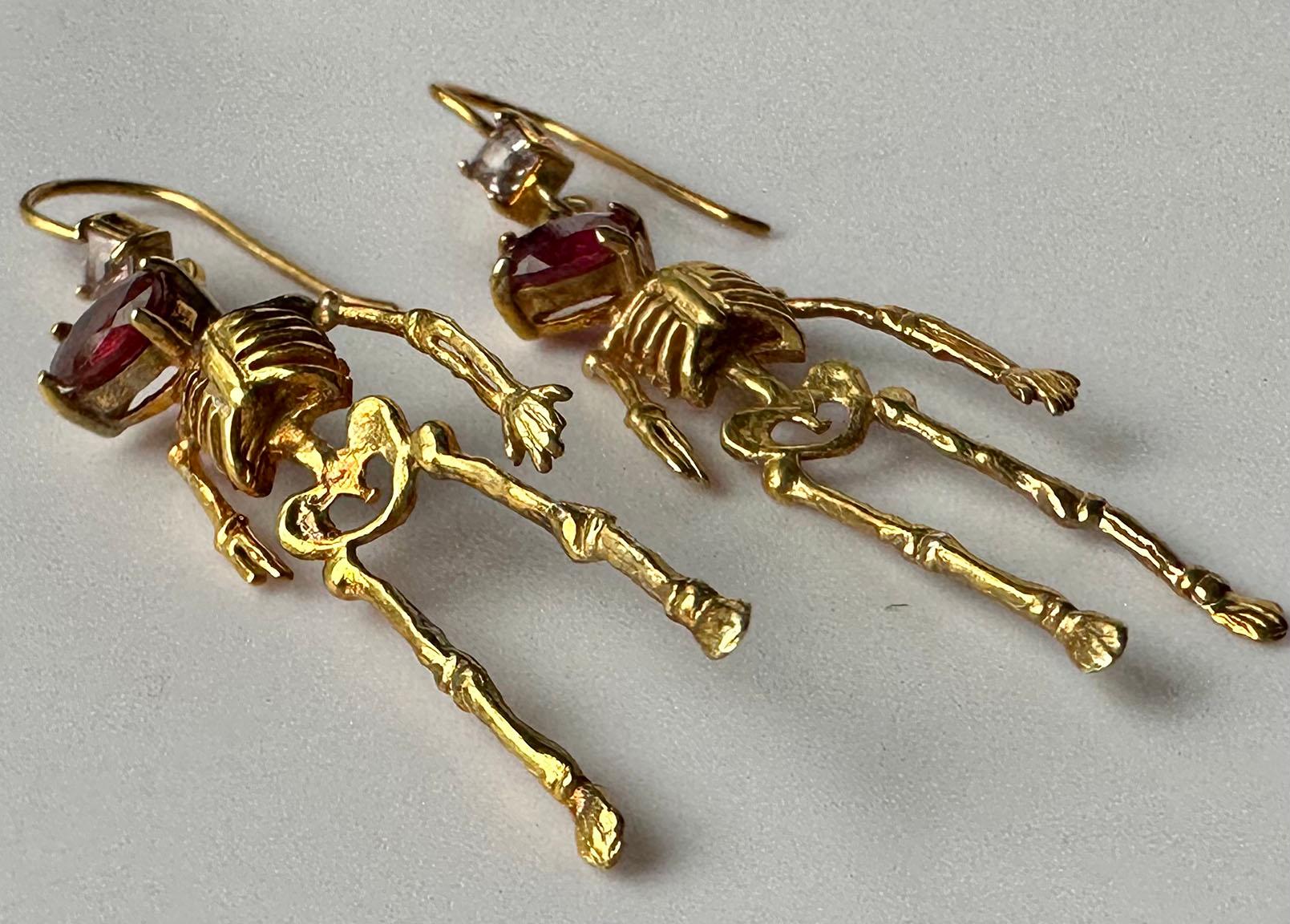 Silver Skeleton Earrings set with Ruby and Tourmaline For Sale 7