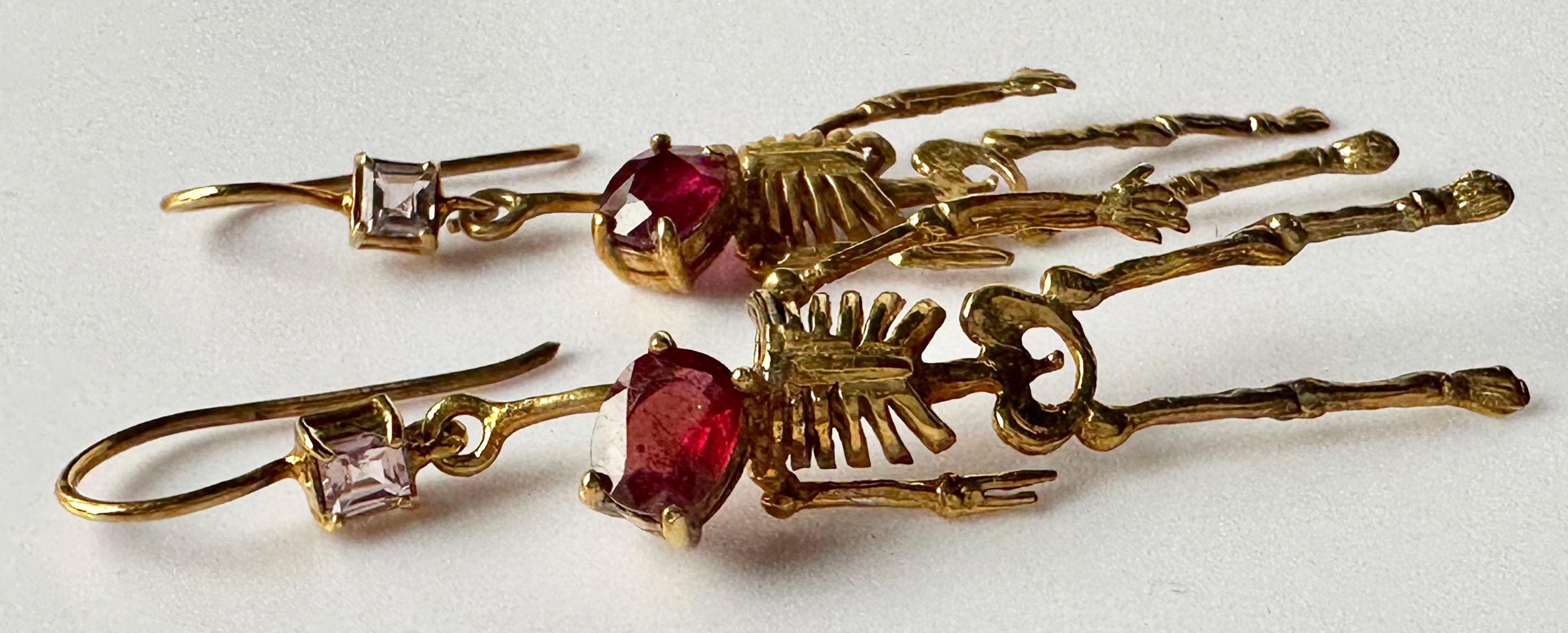Silver Skeleton Earrings set with Ruby and Tourmaline For Sale 9