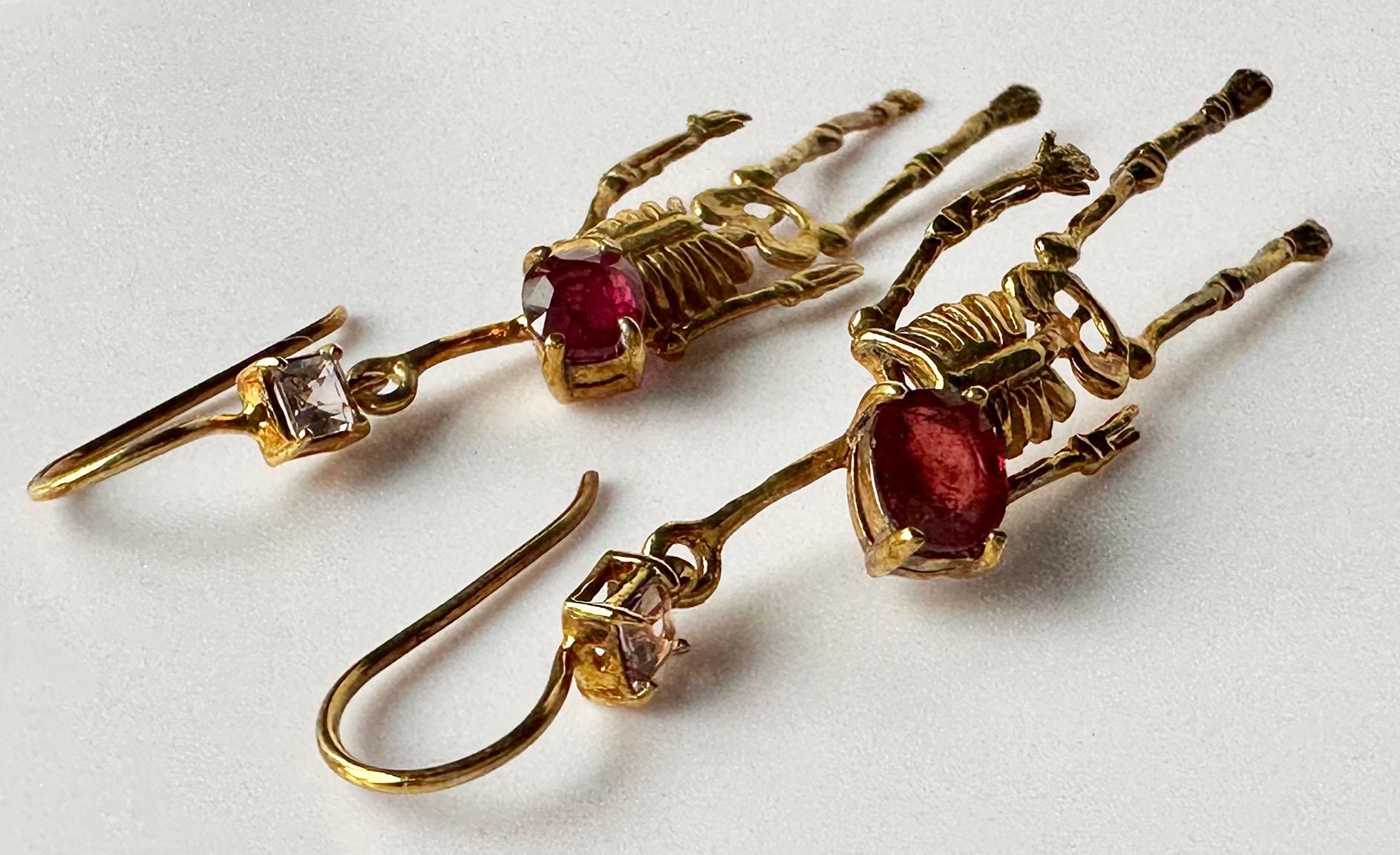 Silver Skeleton Earrings set with Ruby and Tourmaline For Sale 10