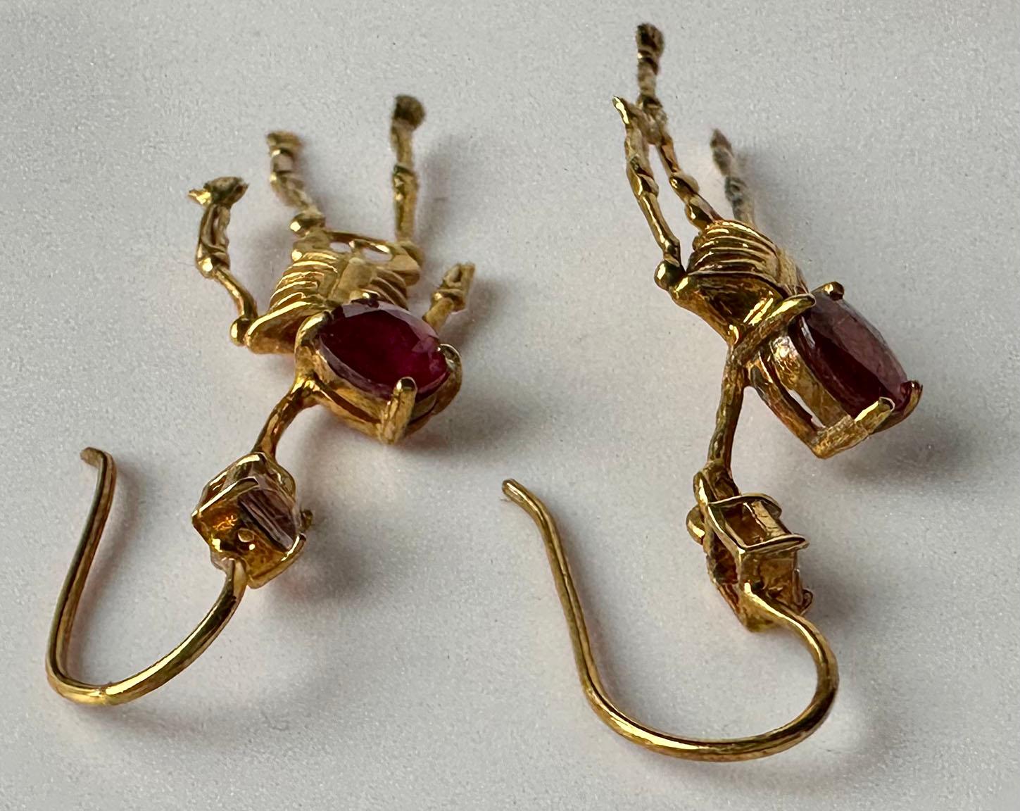 Silver Skeleton Earrings set with Ruby and Tourmaline For Sale 11