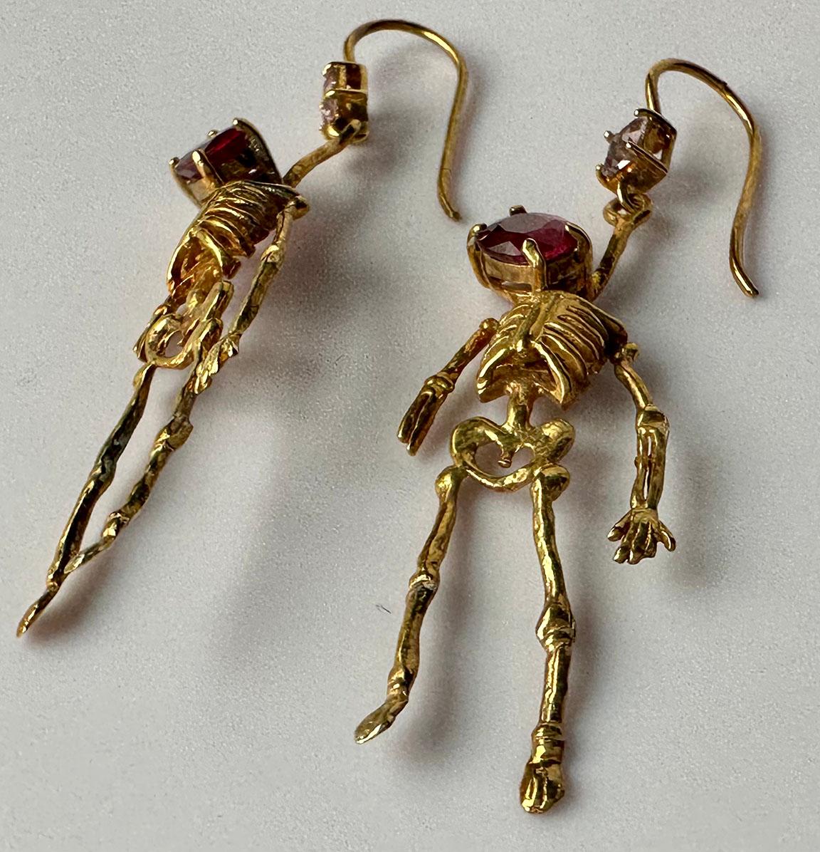 Silver Skeleton Earrings set with Ruby and Tourmaline For Sale 12