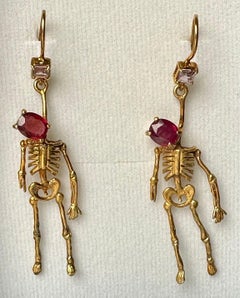 Silver Skeleton Earrings set with Ruby and Tourmaline