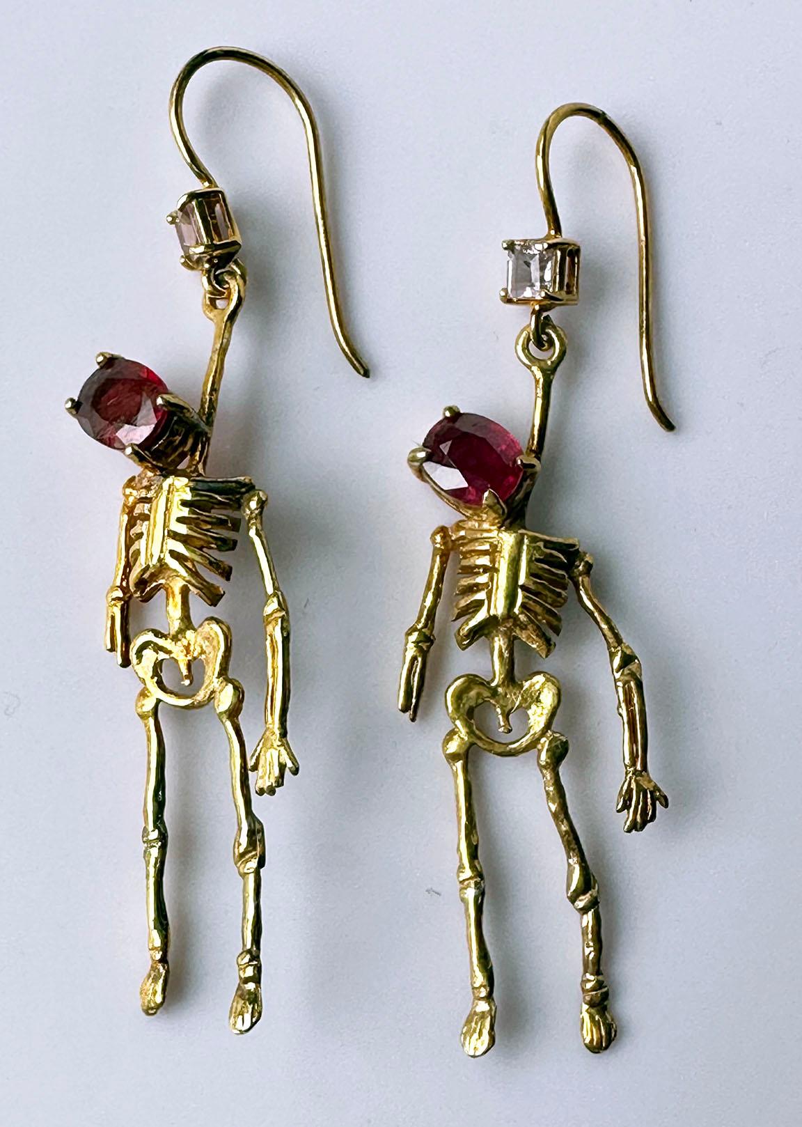 Artisan Silver Skeleton Earrings set with Ruby and Tourmaline For Sale