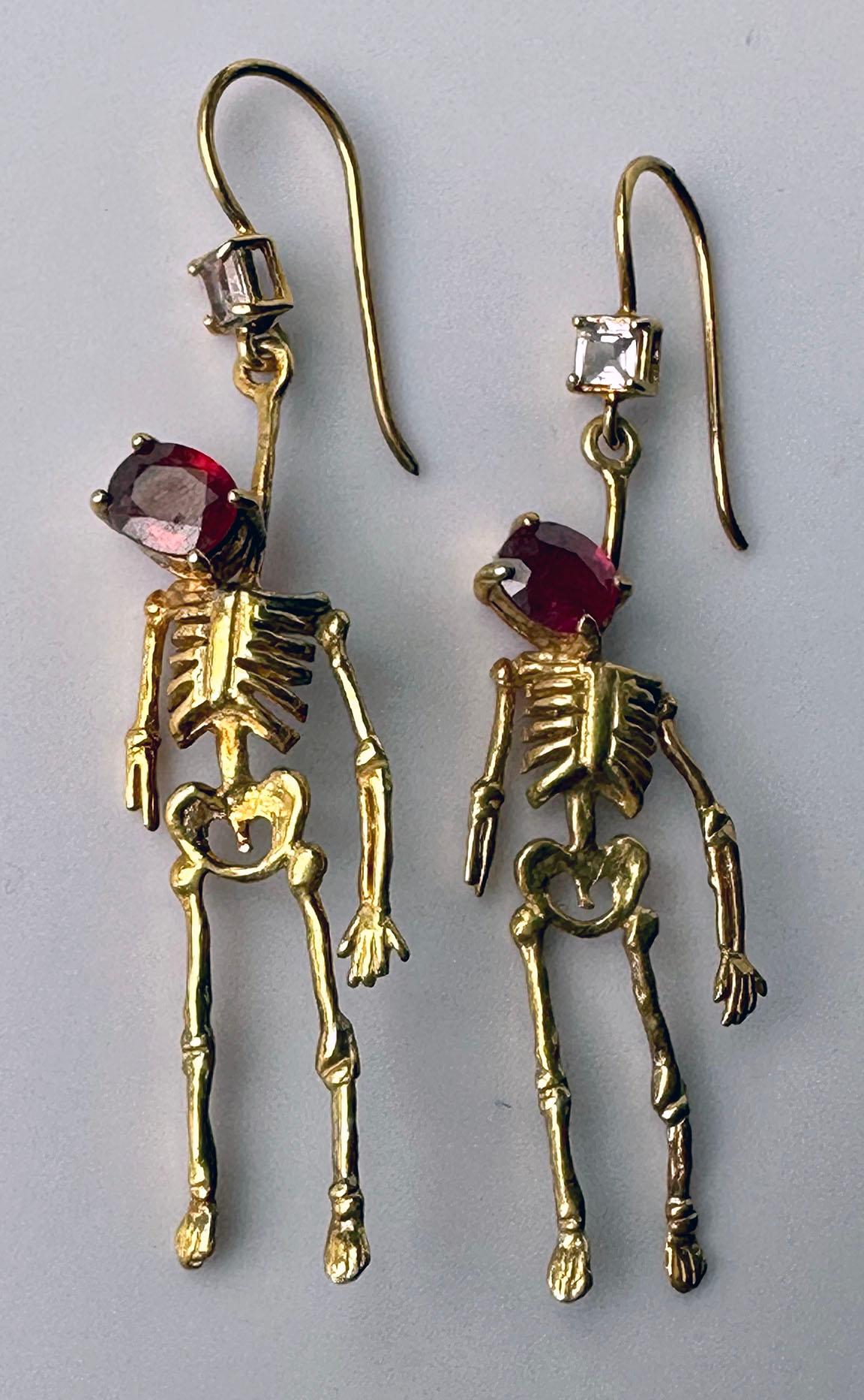 Oval Cut Silver Skeleton Earrings set with Ruby and Tourmaline For Sale