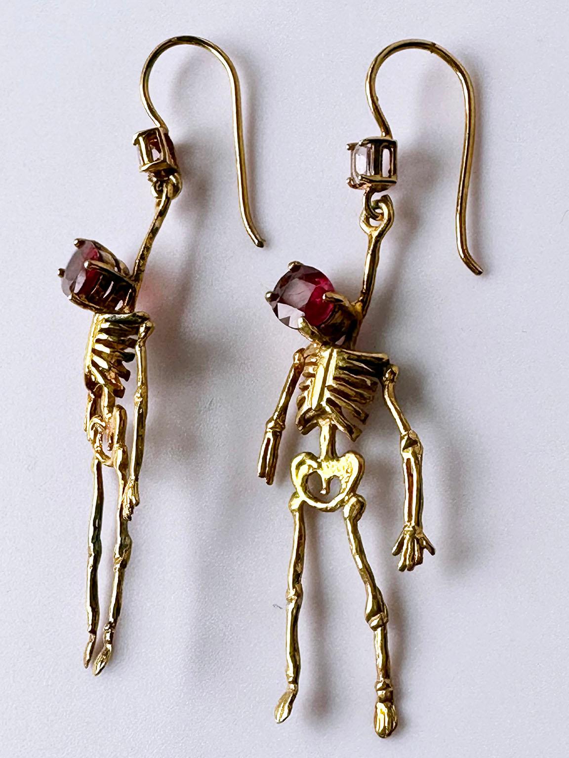Silver Skeleton Earrings set with Ruby and Tourmaline In New Condition For Sale In Seattle, WA