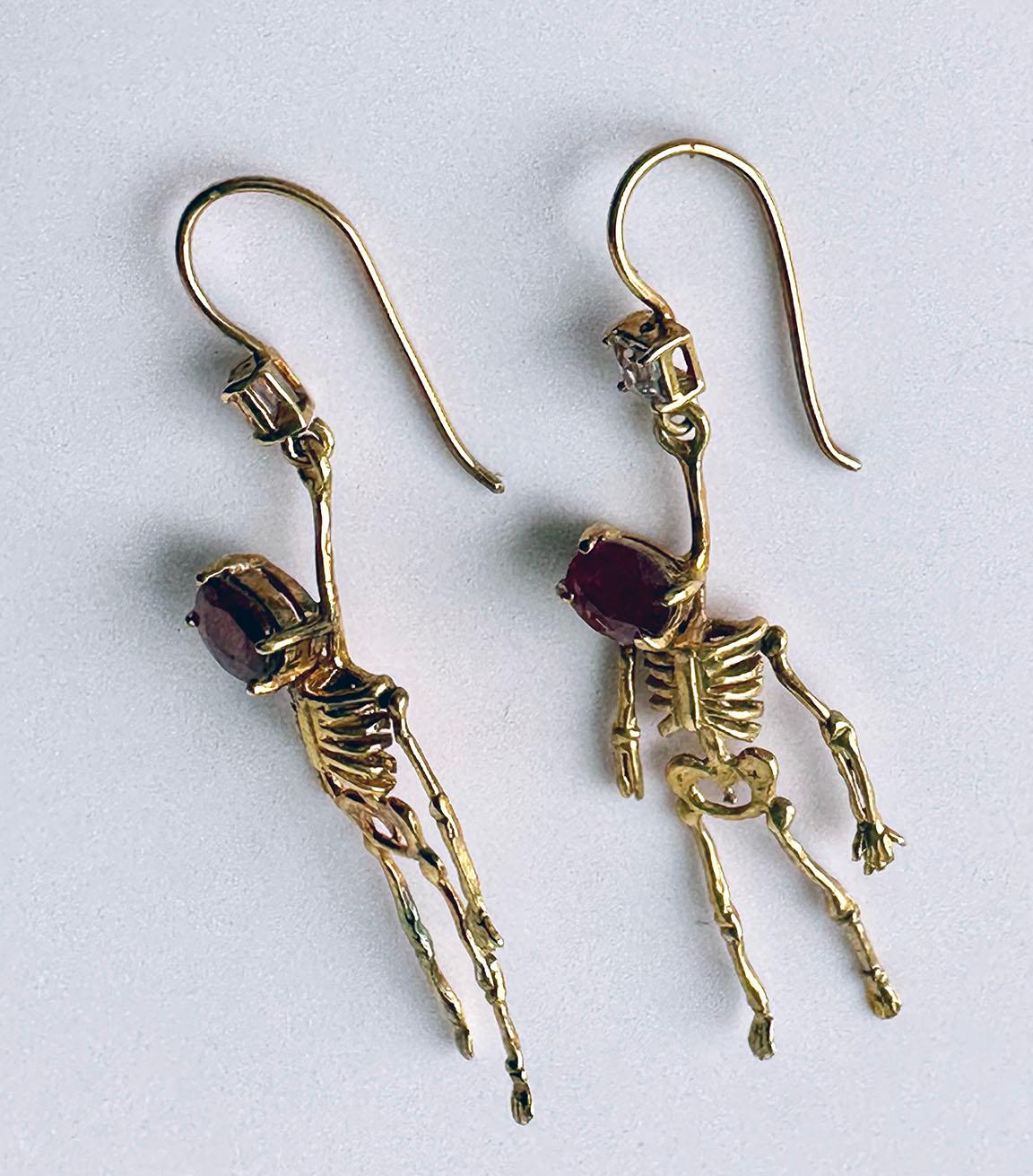 Women's or Men's Silver Skeleton Earrings set with Ruby and Tourmaline For Sale