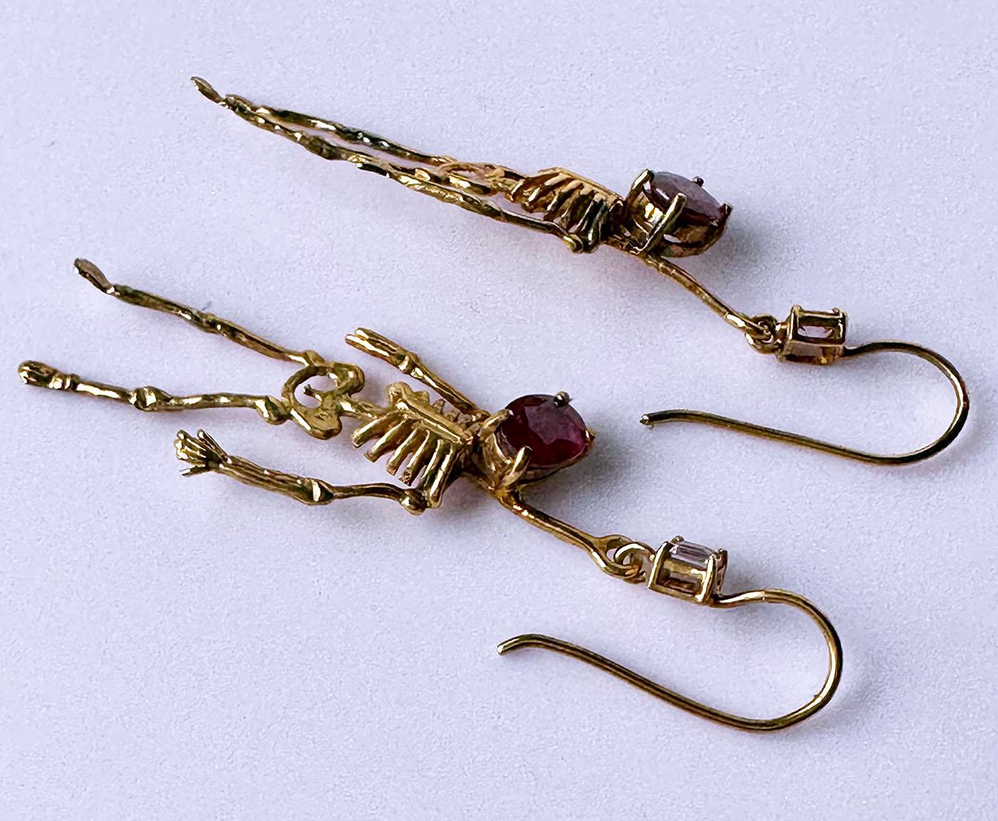 Silver Skeleton Earrings set with Ruby and Tourmaline For Sale 1