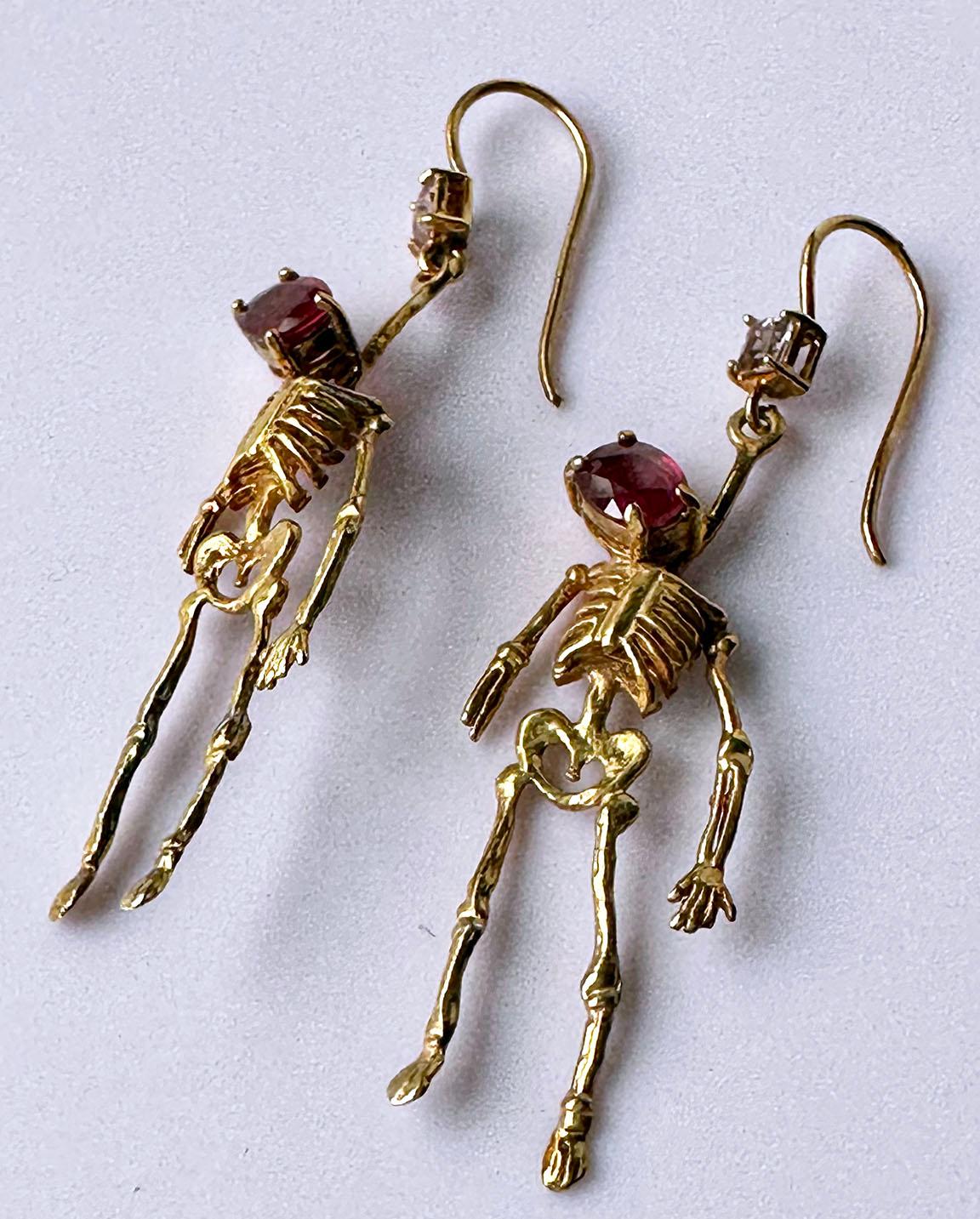 Silver Skeleton Earrings set with Ruby and Tourmaline For Sale 2