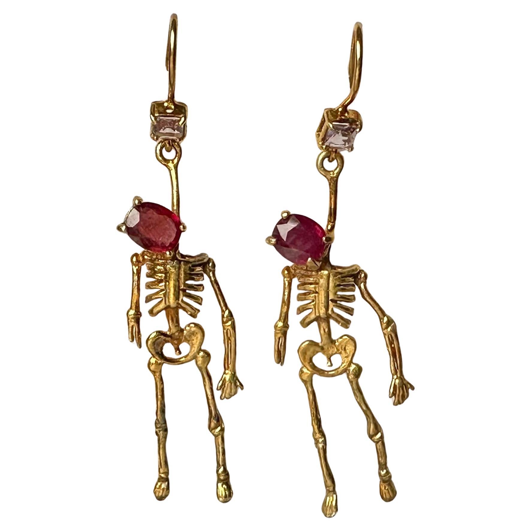 Silver Skeleton Earrings set with Ruby and Tourmaline For Sale