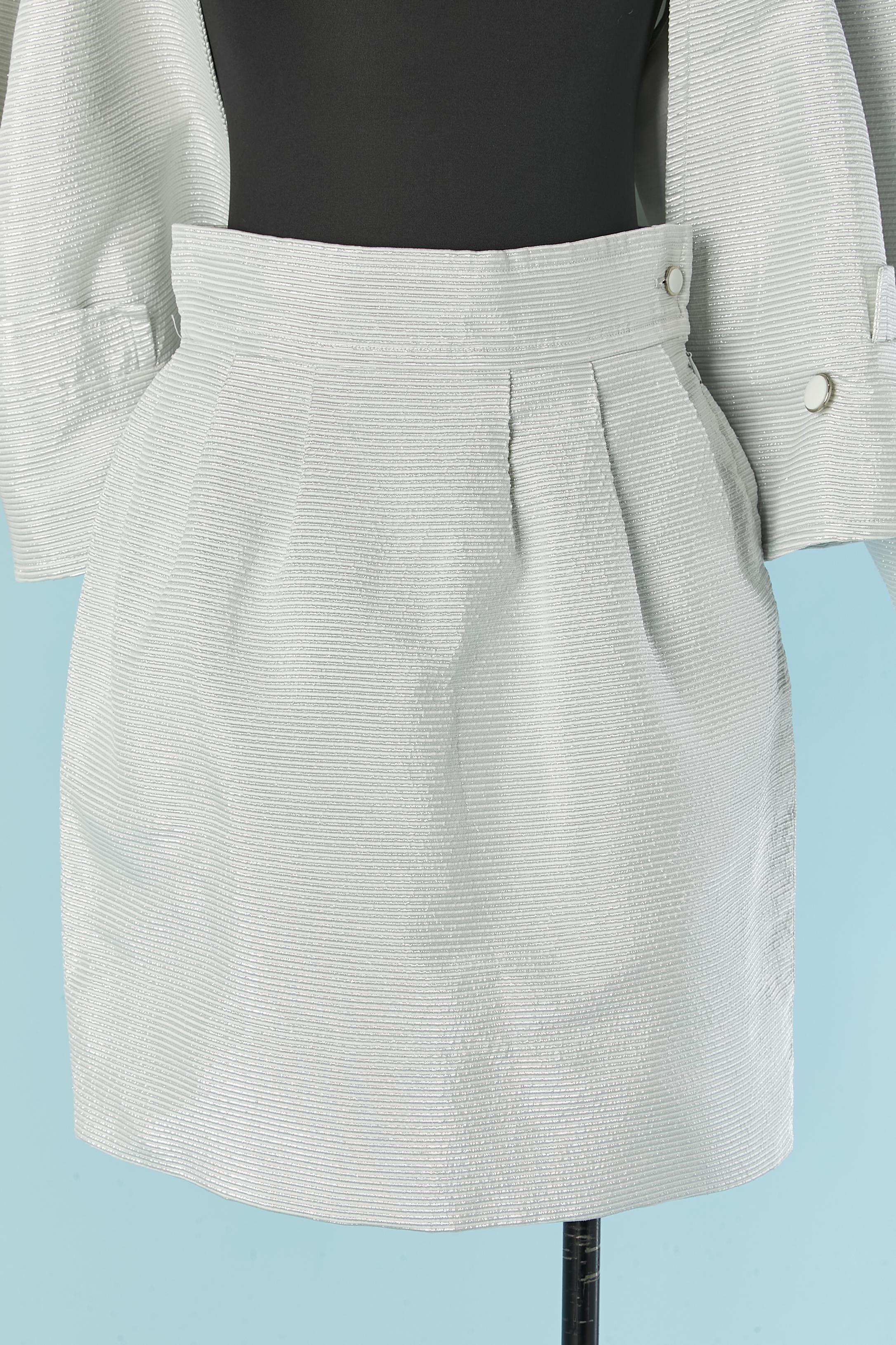 Silver skirt suit with double breasted jacket COURRÈGES For Sale 3