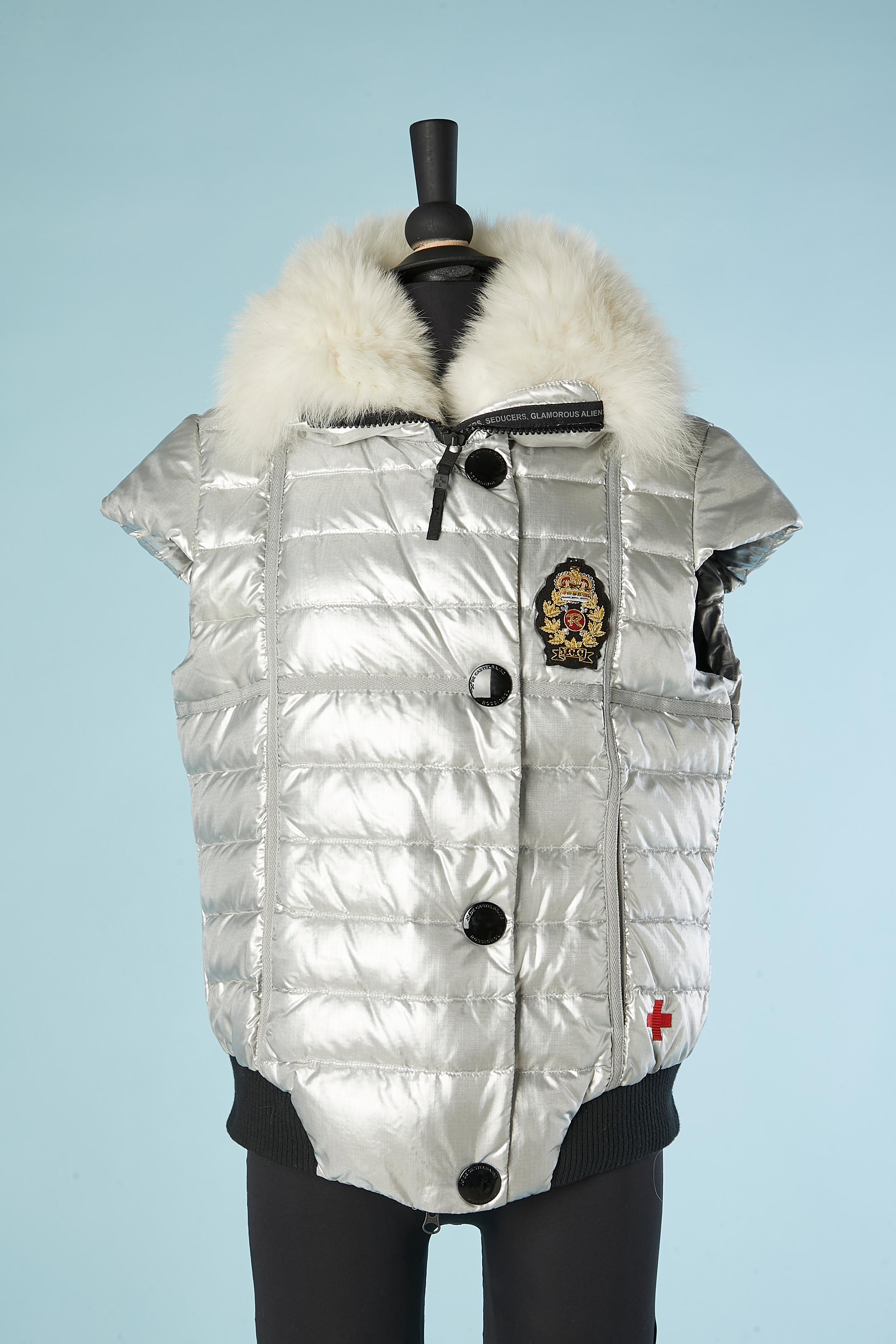 Women's or Men's Silver sleeveless down jacket with feather collar J.C de Castelbajac & Rossignol For Sale