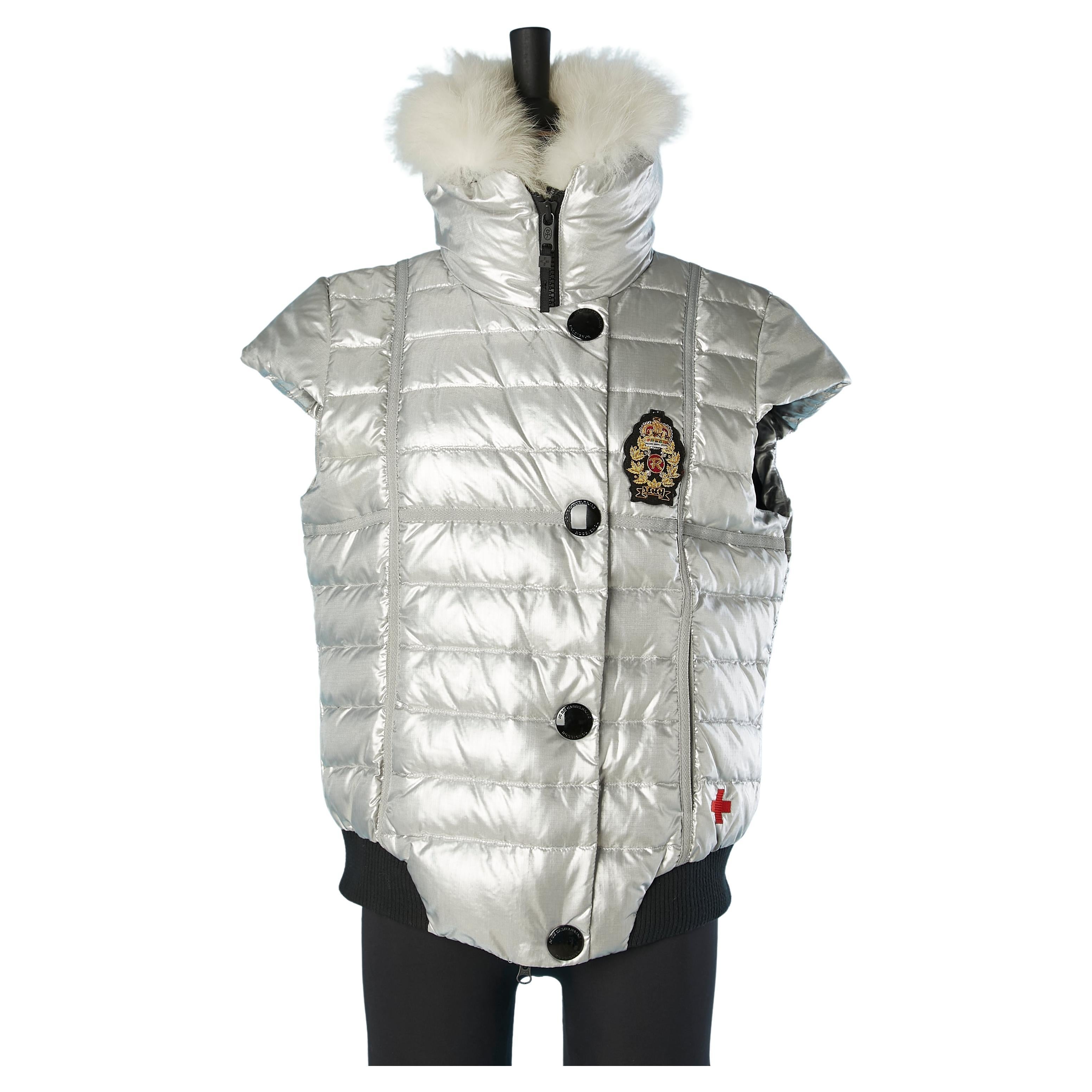 Silver sleeveless down jacket with feather collar J.C de Castelbajac & Rossignol For Sale