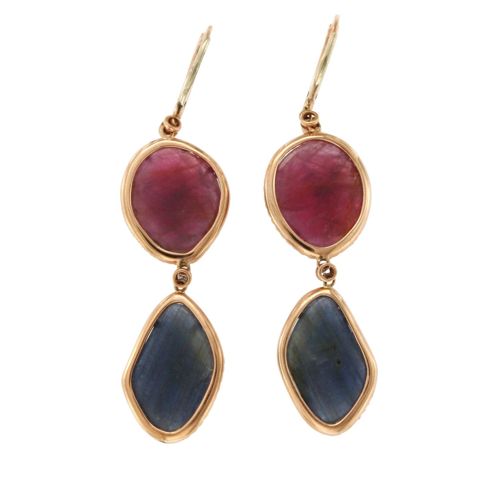 Femenino o masculino Pendientes de oro de 14 quilates con zafiro azul y rubí de 1,24 quilates de corte rebanado y plata de 39 ct en venta