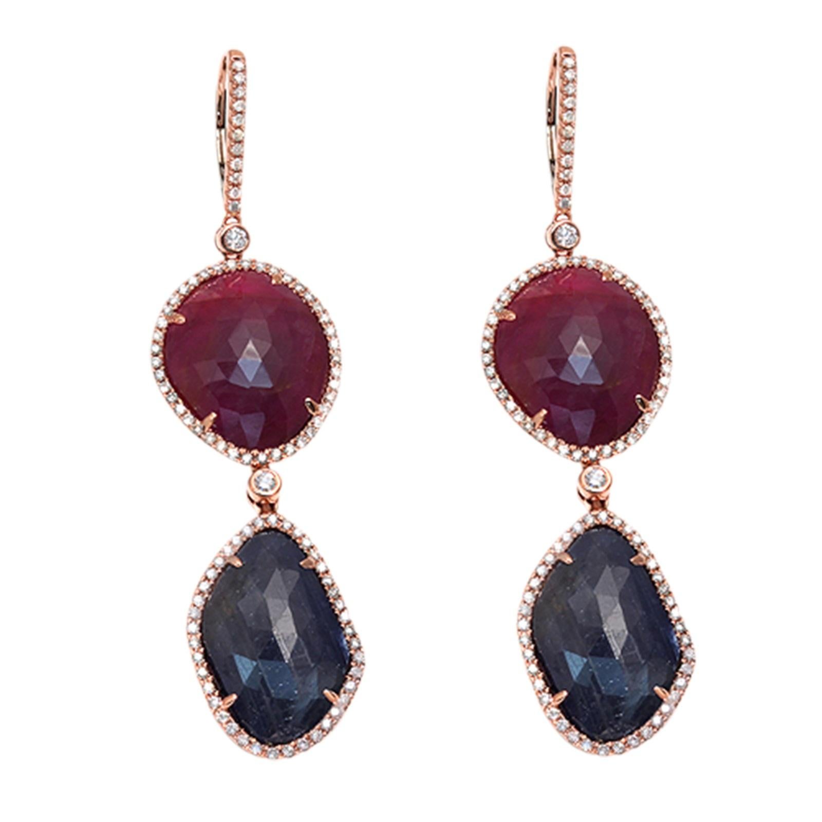 Silver Sliced Cut 39ct Blue Sapphire & Ruby 1.24 Ct Diamonds 14k Gold Earrings For Sale