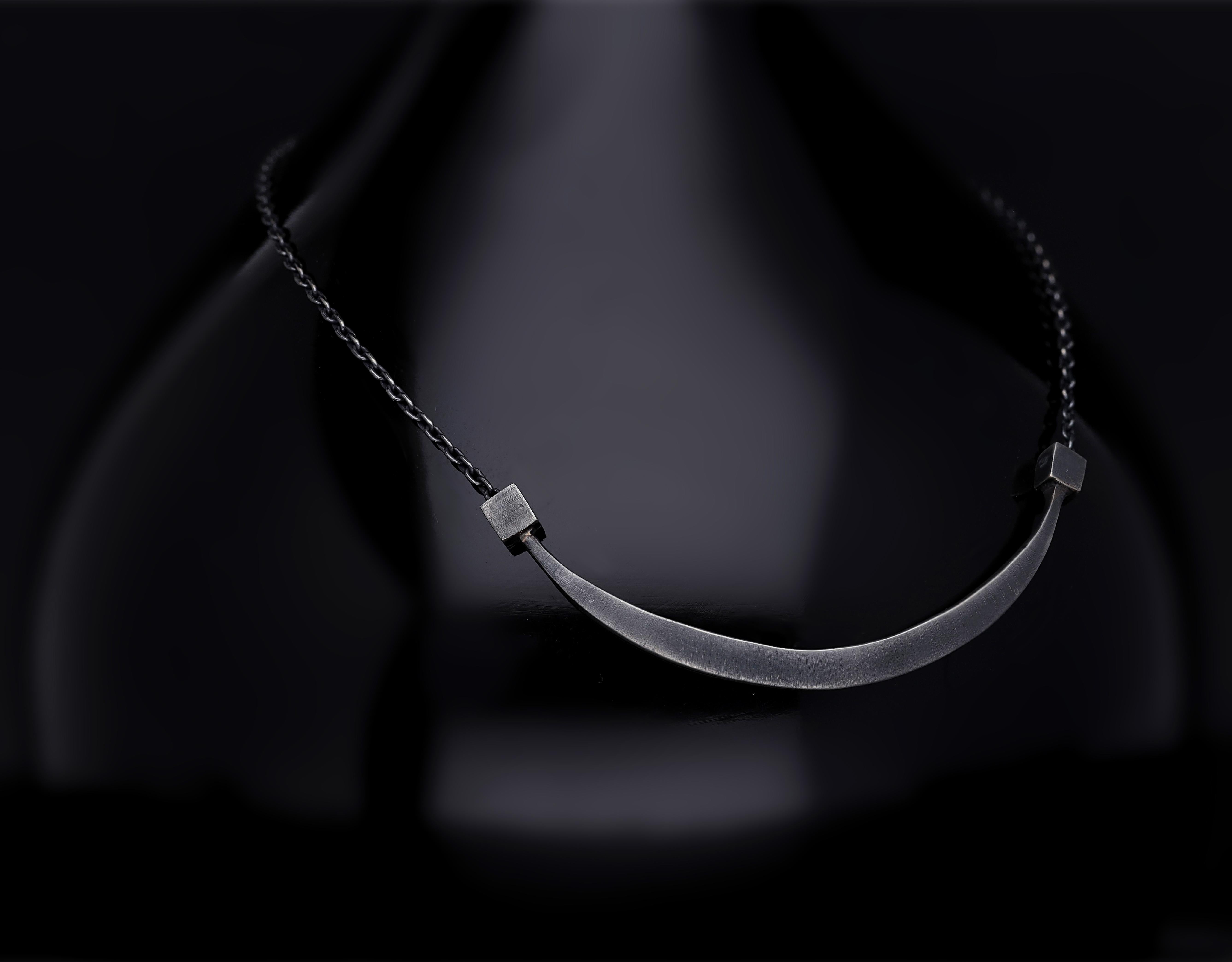 Contemporary Oxidised Silver Smile Bar Necklace For Sale