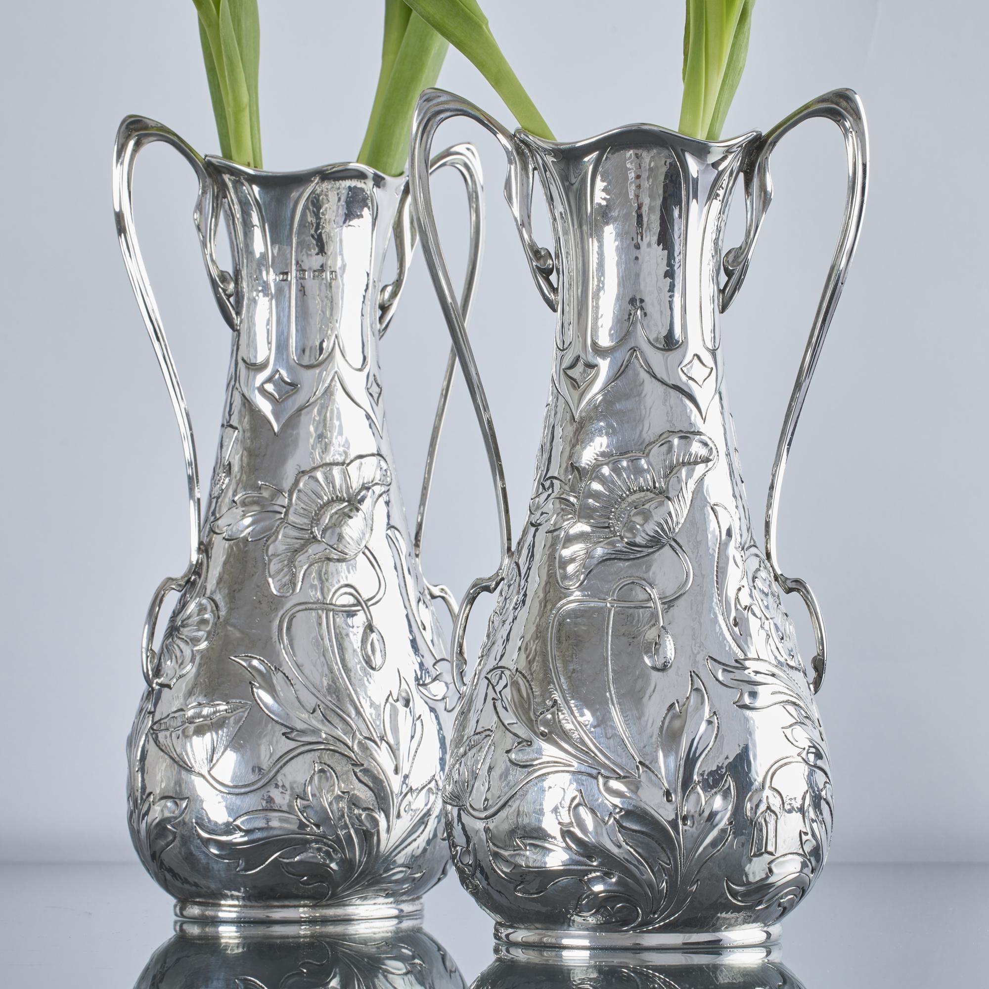 British Pair of Art Nouveau silver vases For Sale