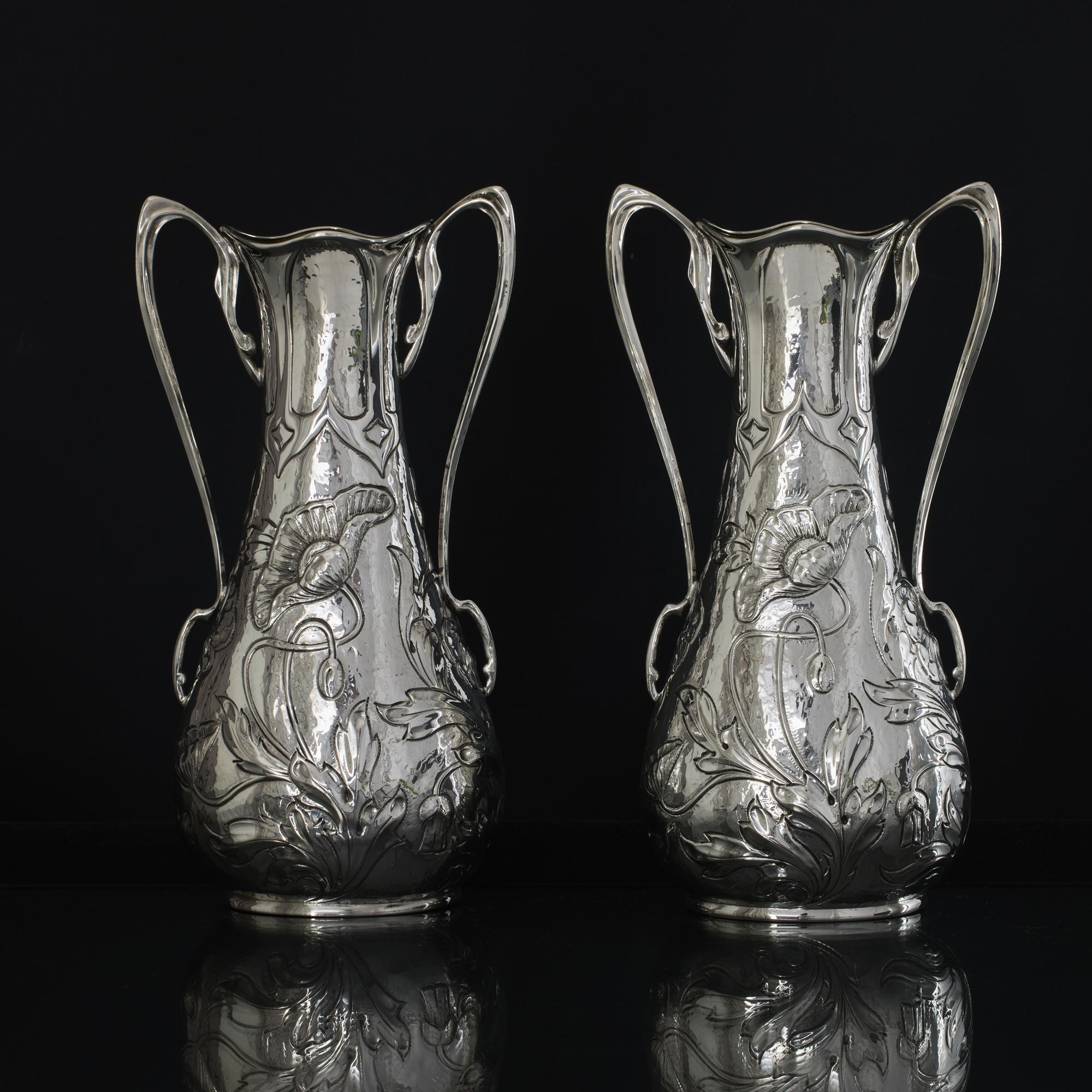 Sterling Silver Pair of Art Nouveau silver vases For Sale