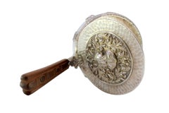 Silver smudging bowl w/ soldier busts, reliefs & wooden handle