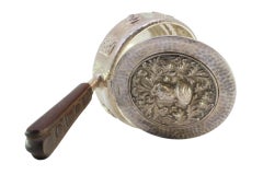 Silver smudging bowl w/ soldier busts, reliefs & wooden handle