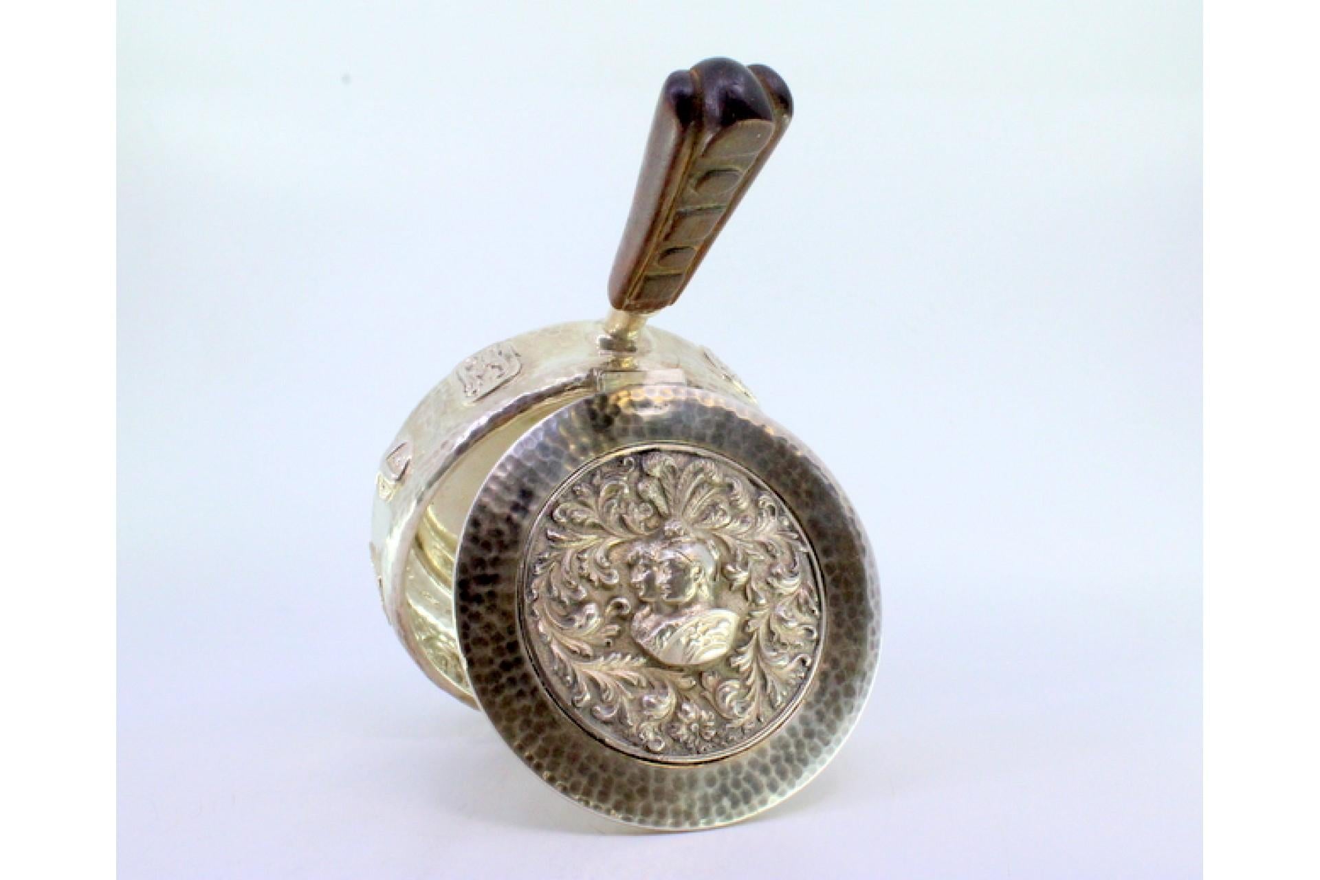 European Silver smudging bowl w/ soldier busts, reliefs & wooden handle For Sale