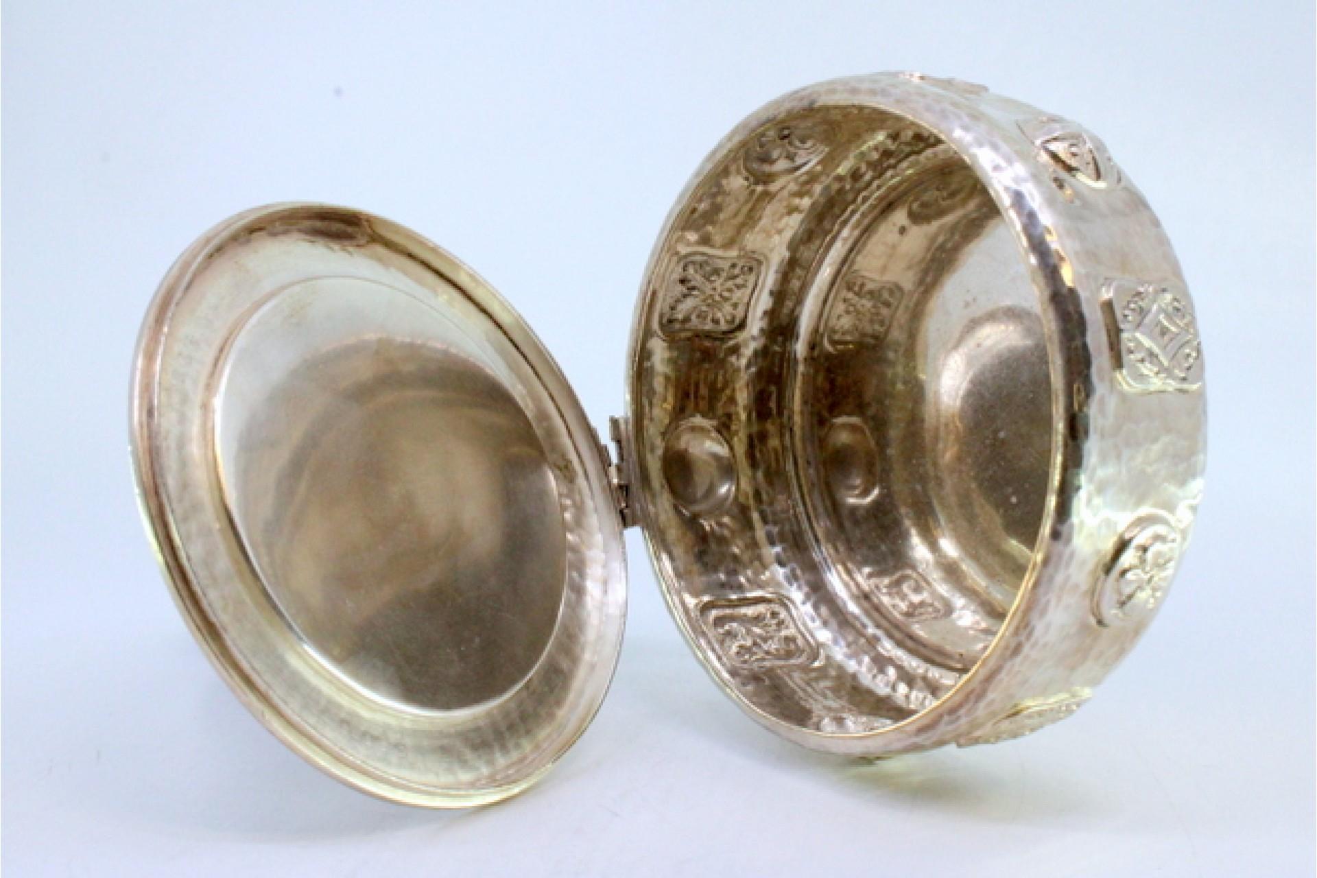 20th Century Silver smudging bowl w/ soldier busts, reliefs & wooden handle For Sale