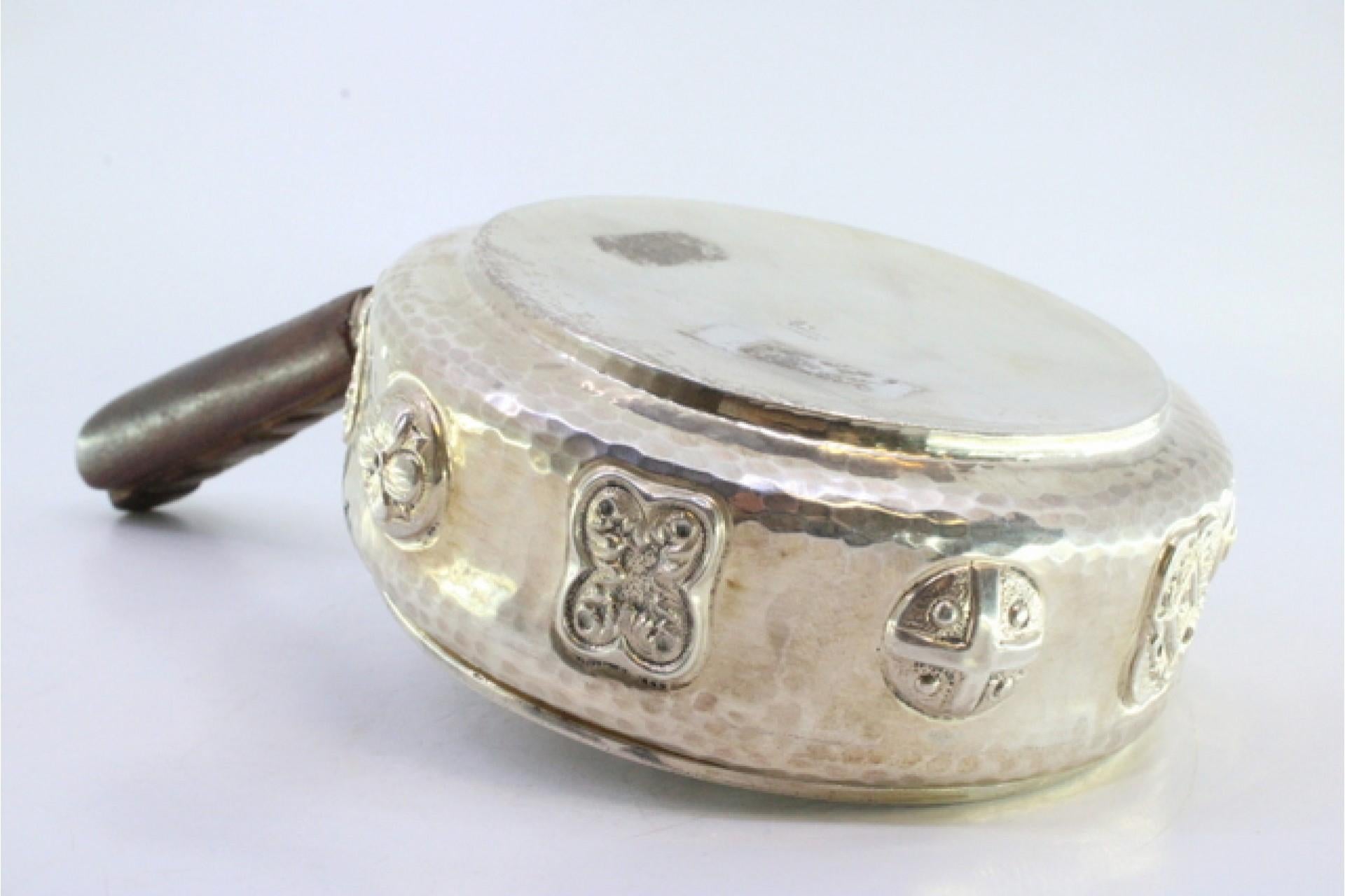 Silver smudging bowl w/ soldier busts, reliefs & wooden handle For Sale 2