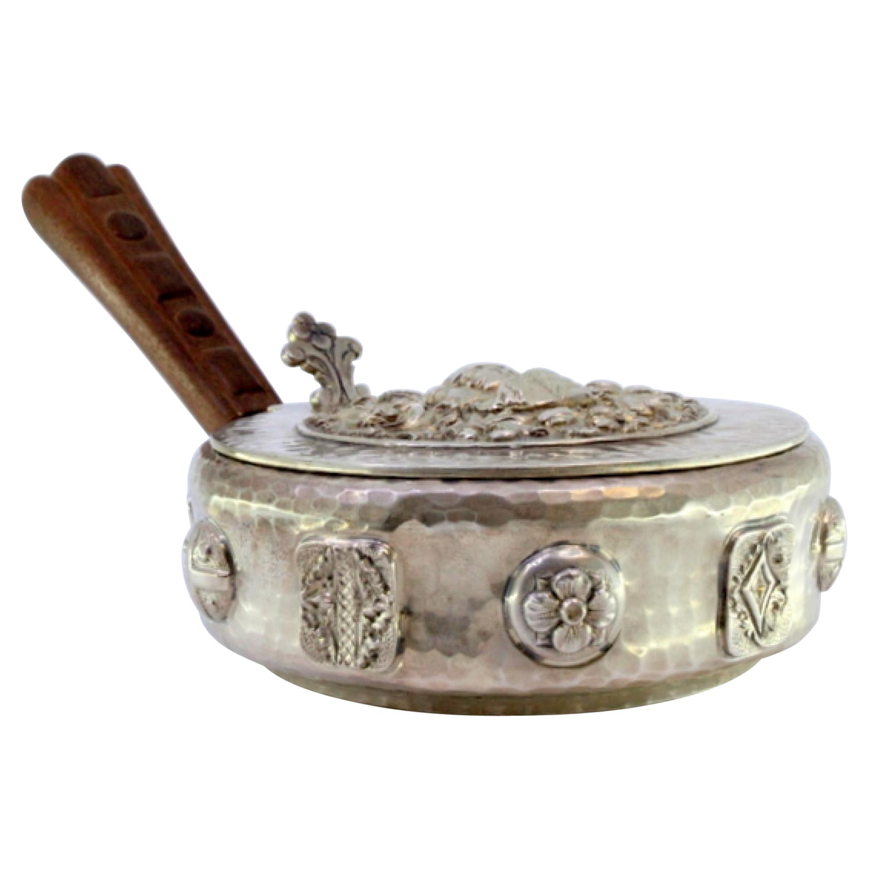 Silver smudging bowl w/ soldier busts, reliefs
wooden handle