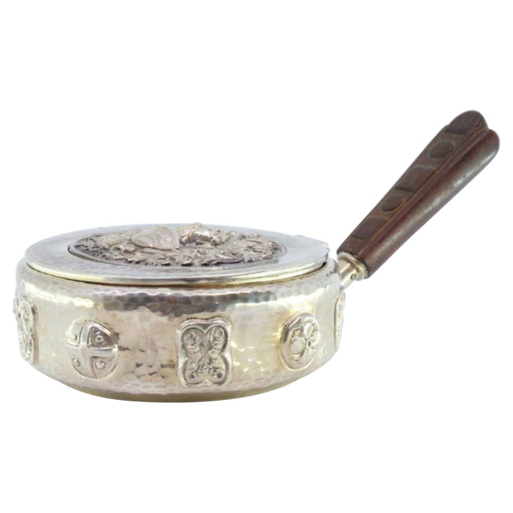 Silver smudging bowl w/ soldier busts, reliefs
wooden handle