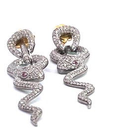 Silver Snake Drop Earrings with Green Stone Eyes, Costume Jewelry, USA