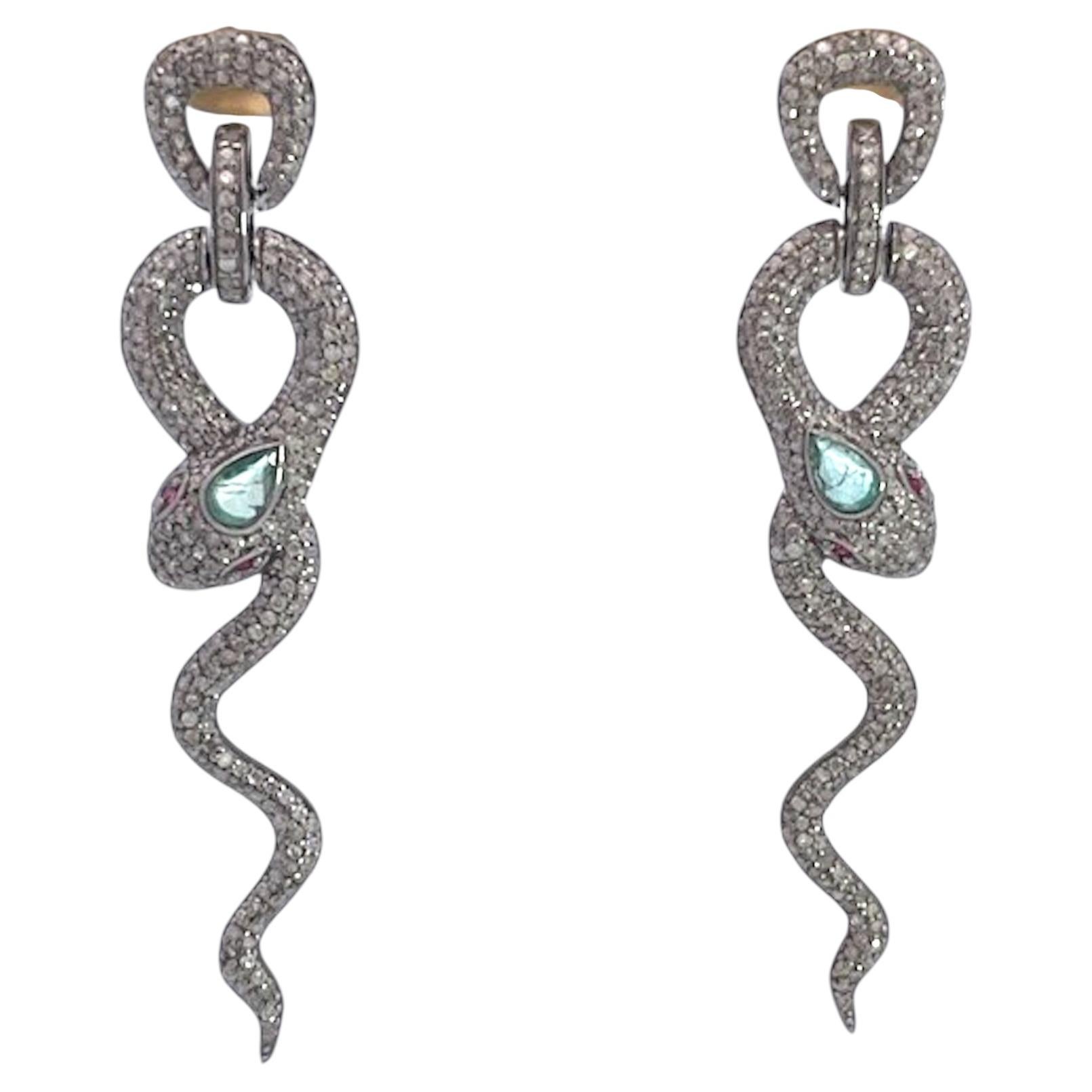 Silver Snake Drop Earrings with Green Stone Eyes, Costume Jewelry, USA