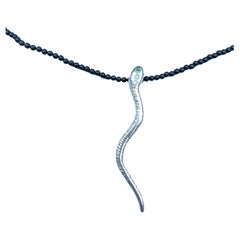 Silver Snake Pendant Necklace Ruby Eyes Onyx Beads Green Garnet Egyptian Opal