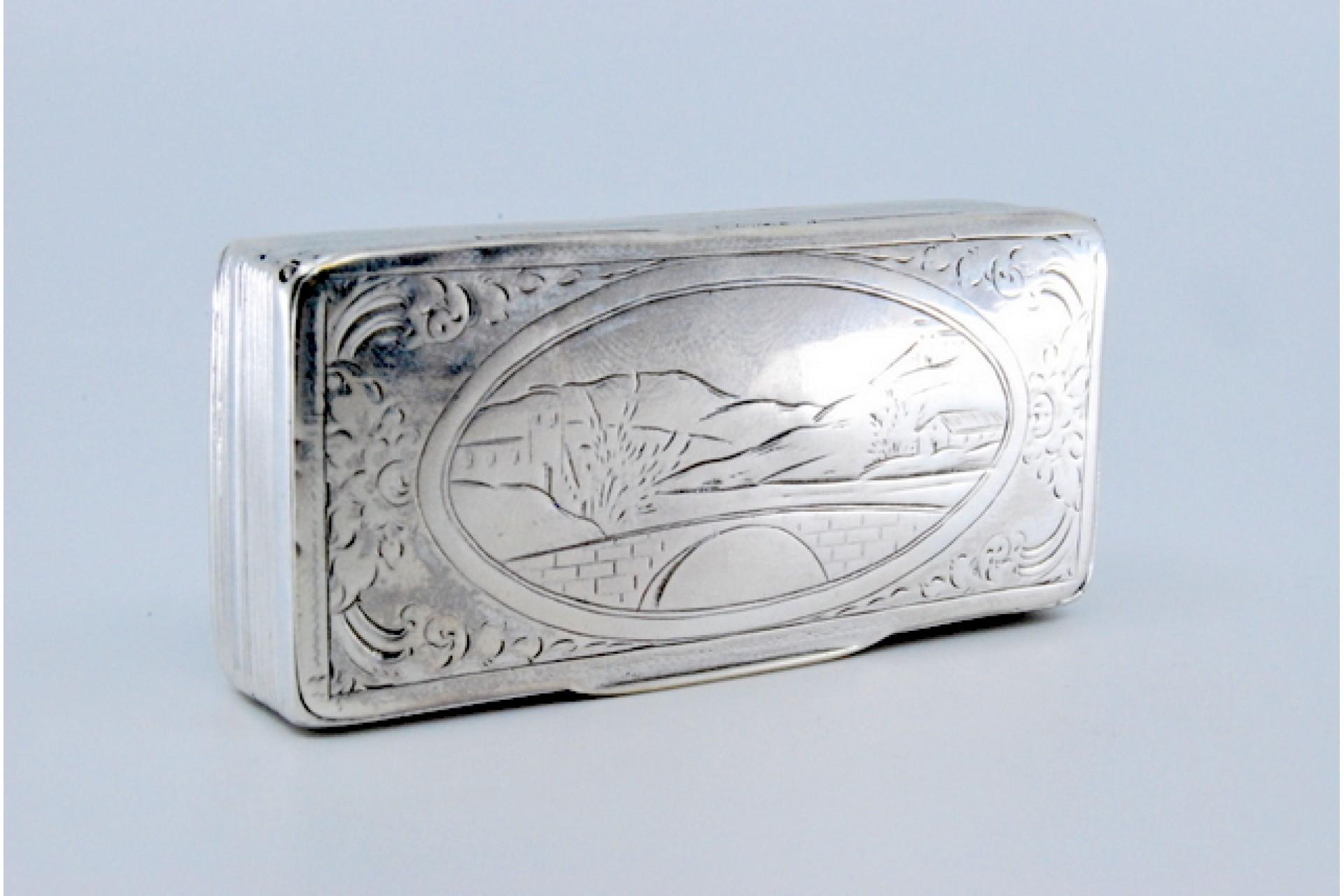 Silver snuff box w/ friezes around the edge, relief country motifs & hinged lid For Sale 1
