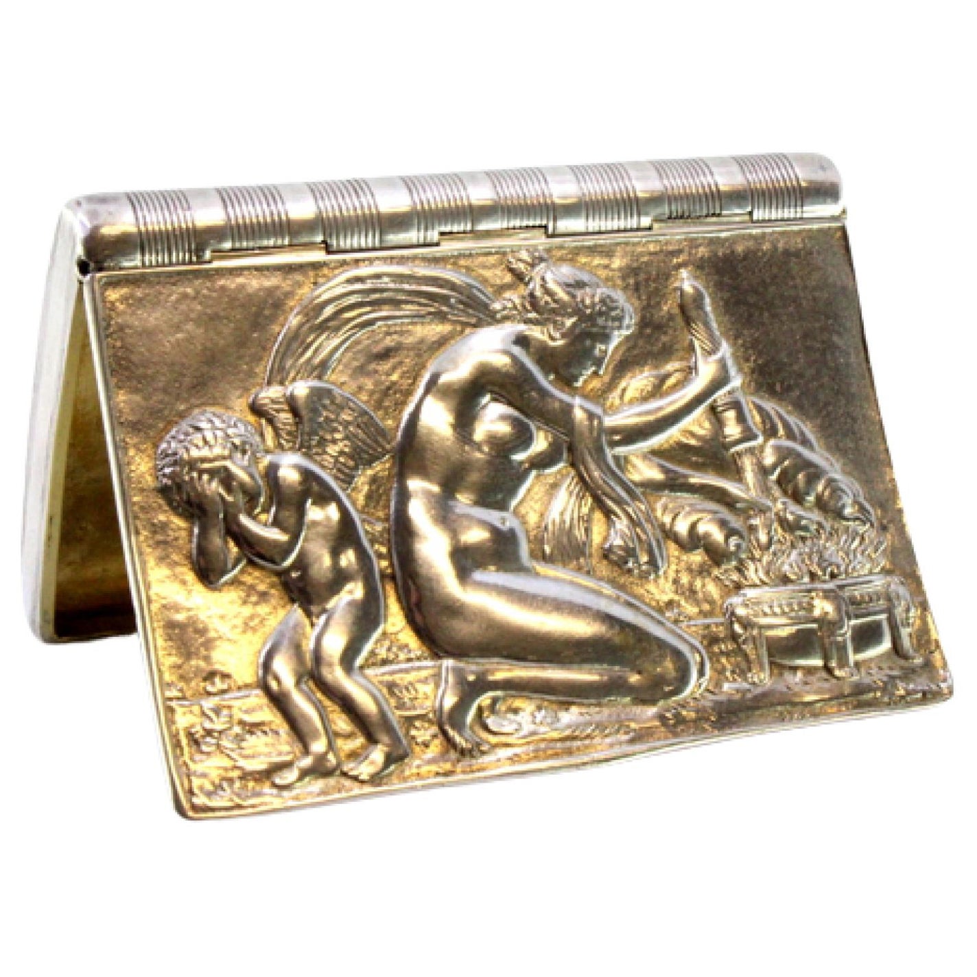 Silver snuff box w/ relief figures, guilloche bands at the top
gilded interior