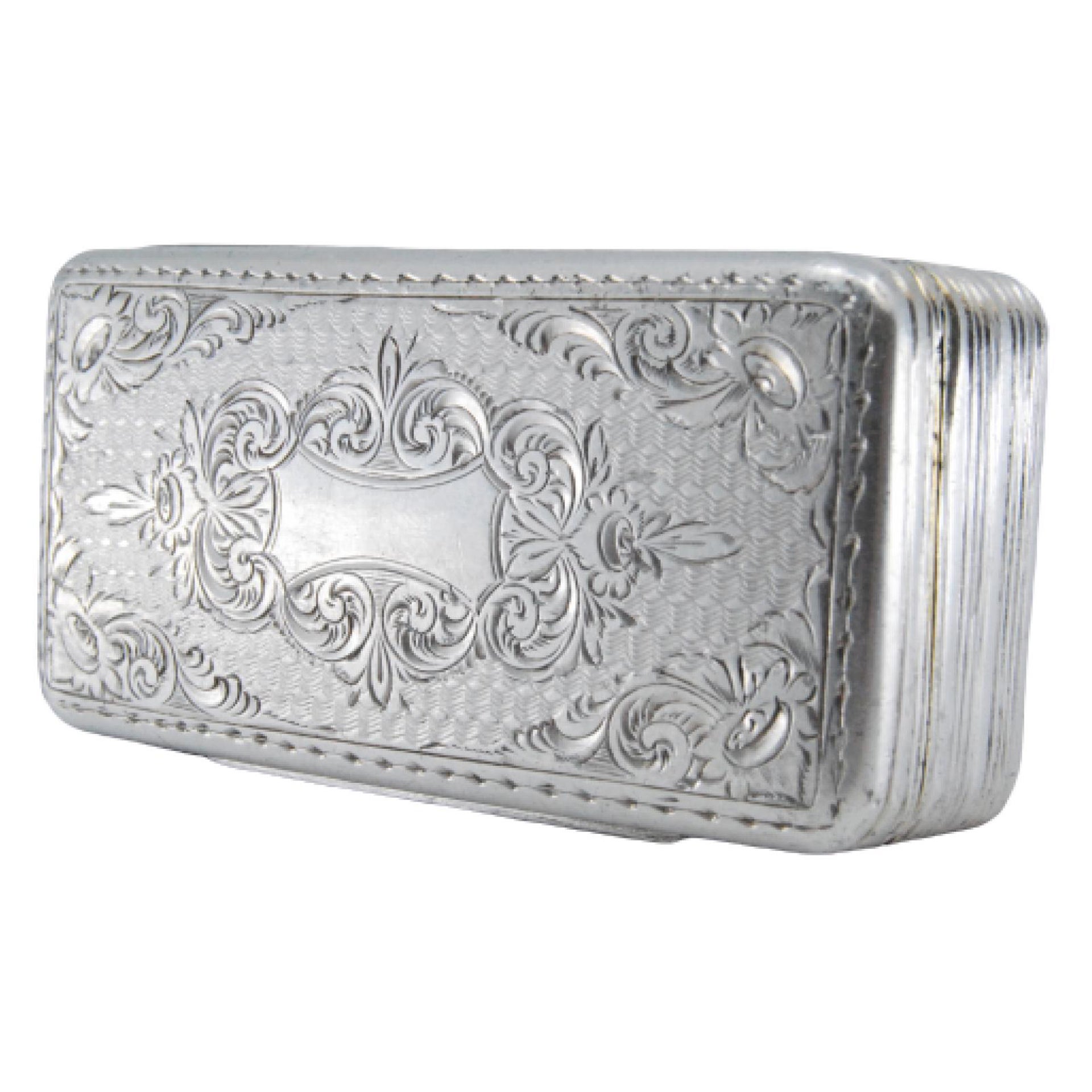 Silver snuff box with border trim and floral-engraved lid