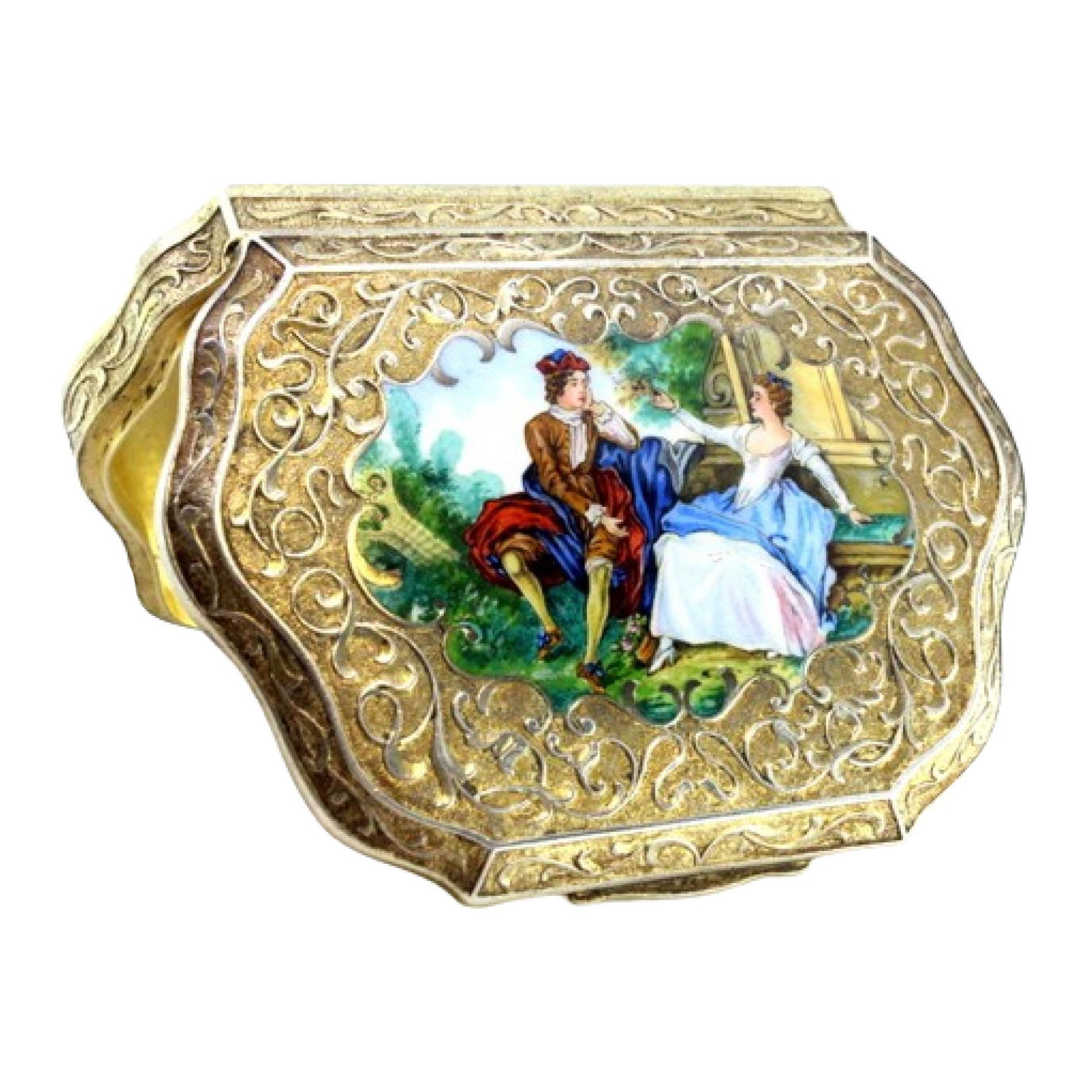 Caja de rapé de plata con escena de pareja esmaltada en relieve e interior dorado