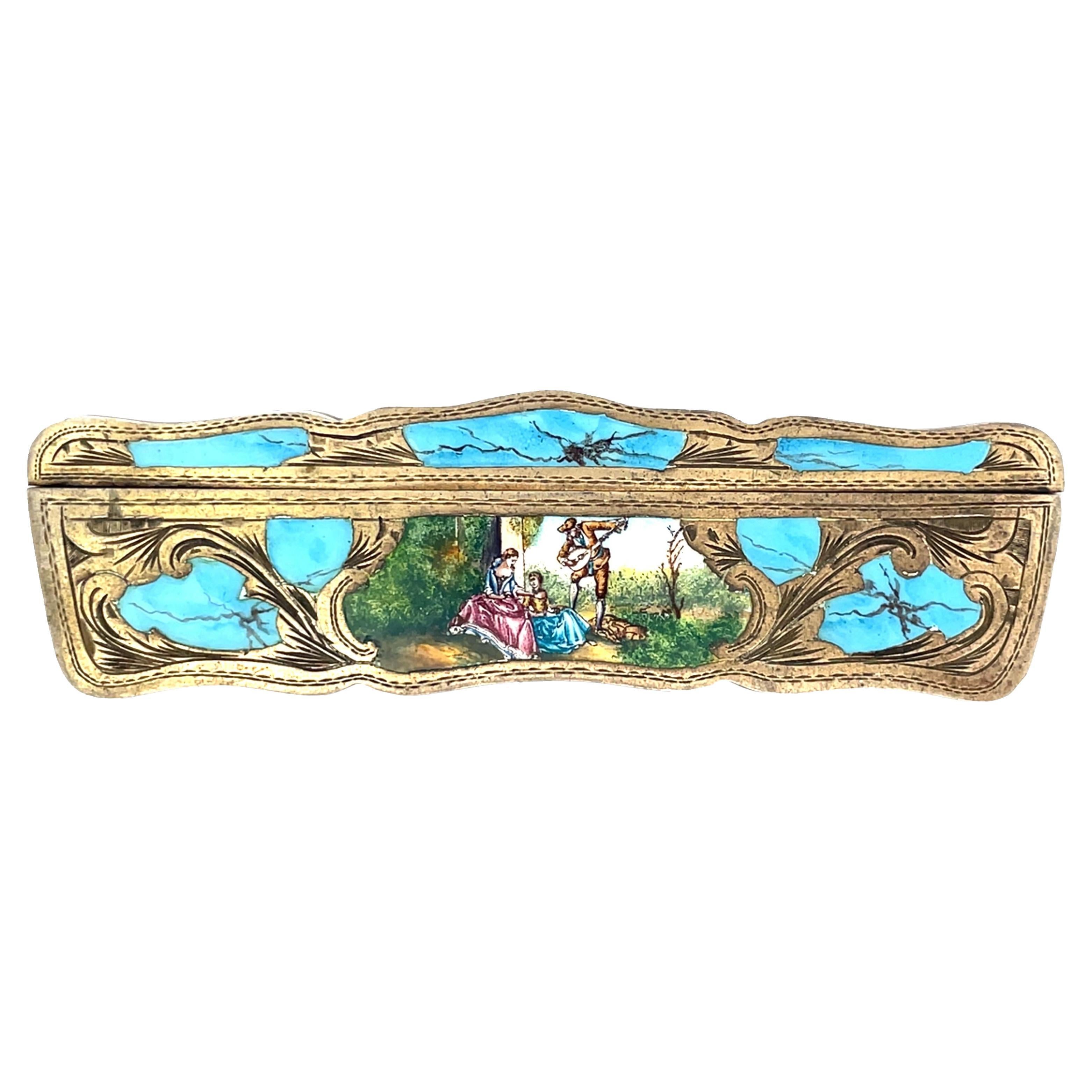 Antique Silver Snuff Box with Gold Plate Enamel, Late 19th Century For Sale