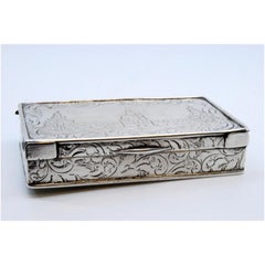 Silver snuff box with engraved wreaths and monument, hinged lid
