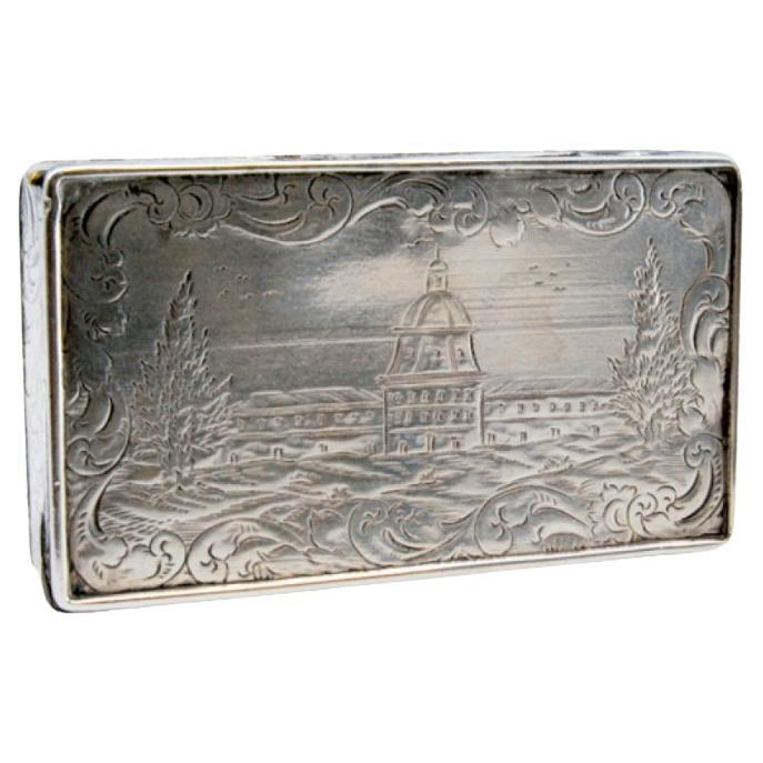 Silver snuff box with engraved wreaths and monument, hinged lid
